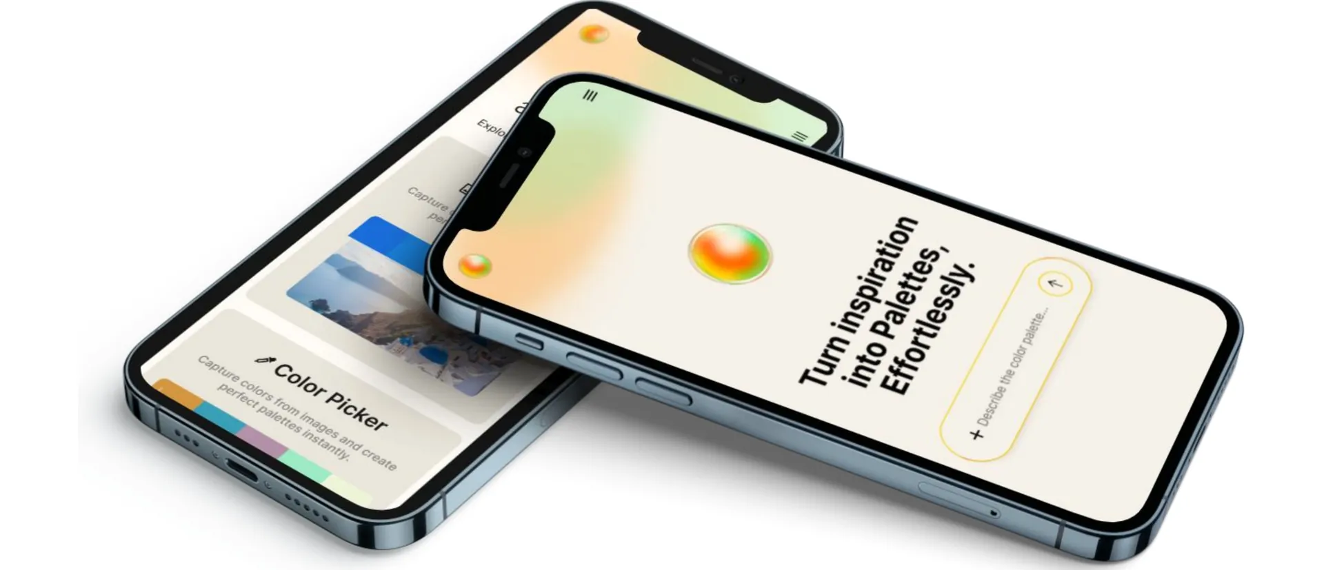 Two phones showing a colour picker screen and a prompt screen with a gradient orb