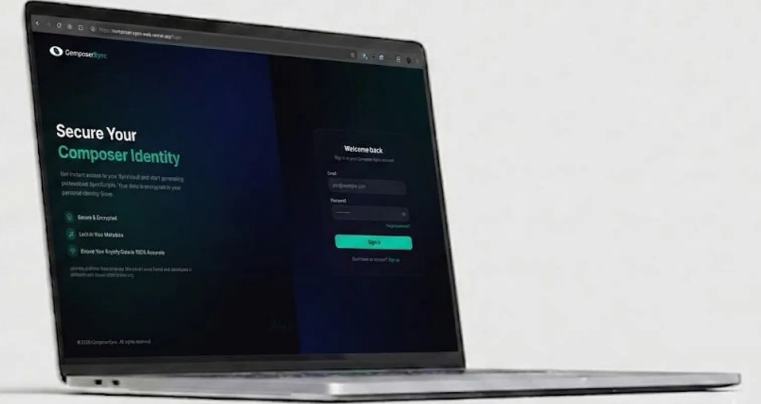 Sign-in screen for securing a composer identity, shown on a laptop