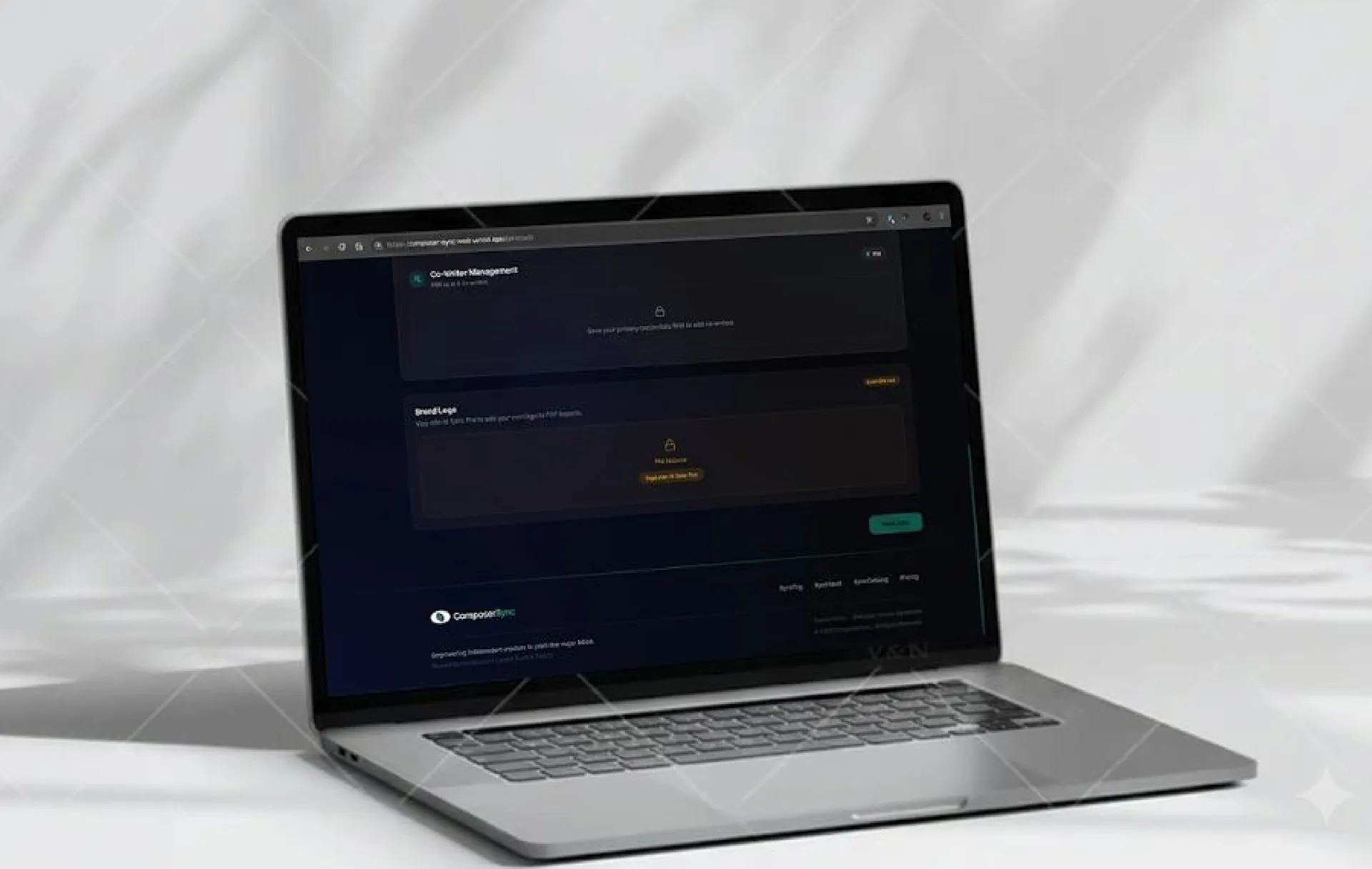 Co-writer management and brand logo settings on a laptop