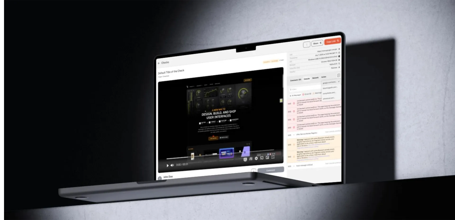 Laptop showing a bug report with a session replay video and a console log panel