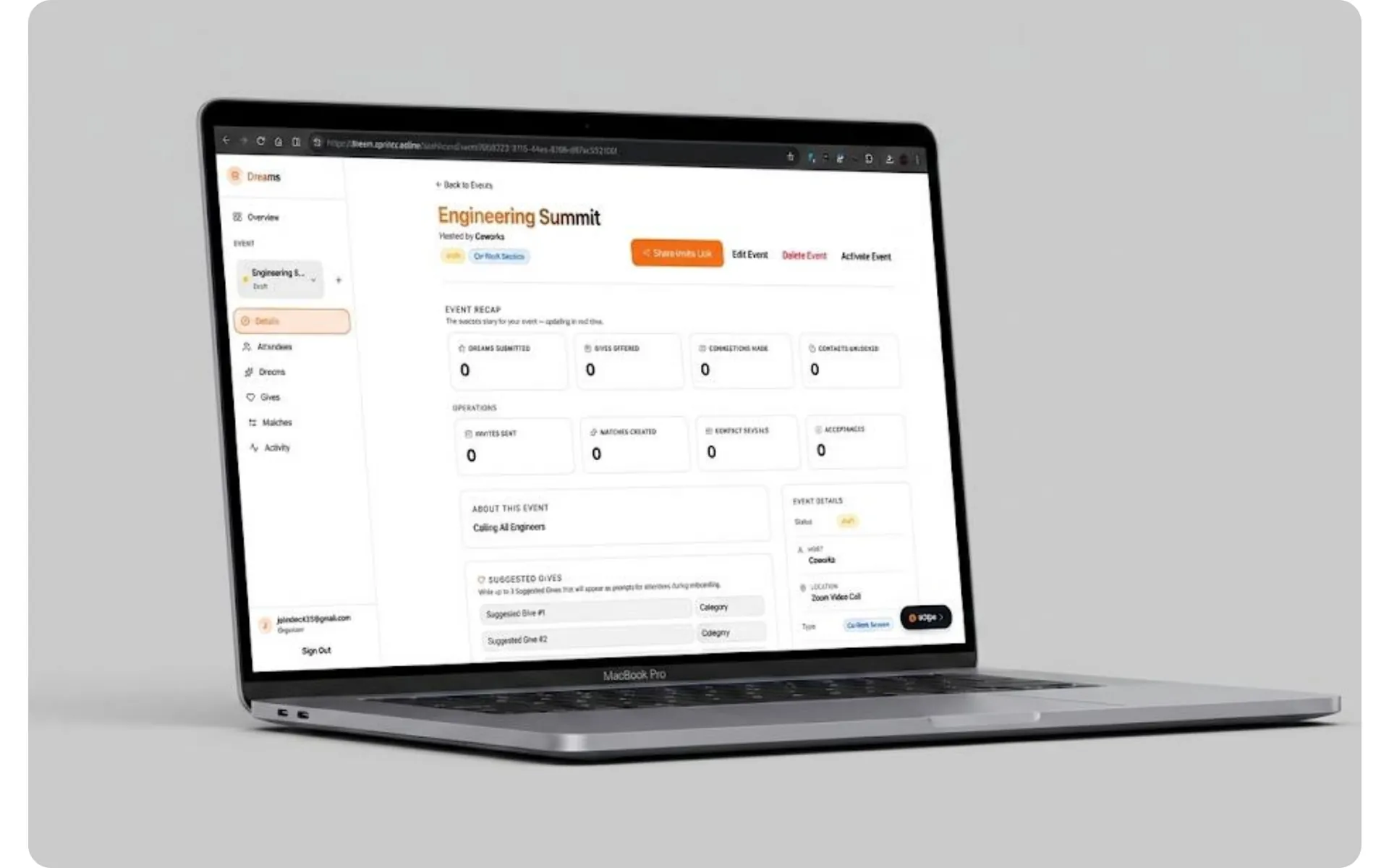 Organizer event overview with recap and match statistics on a laptop