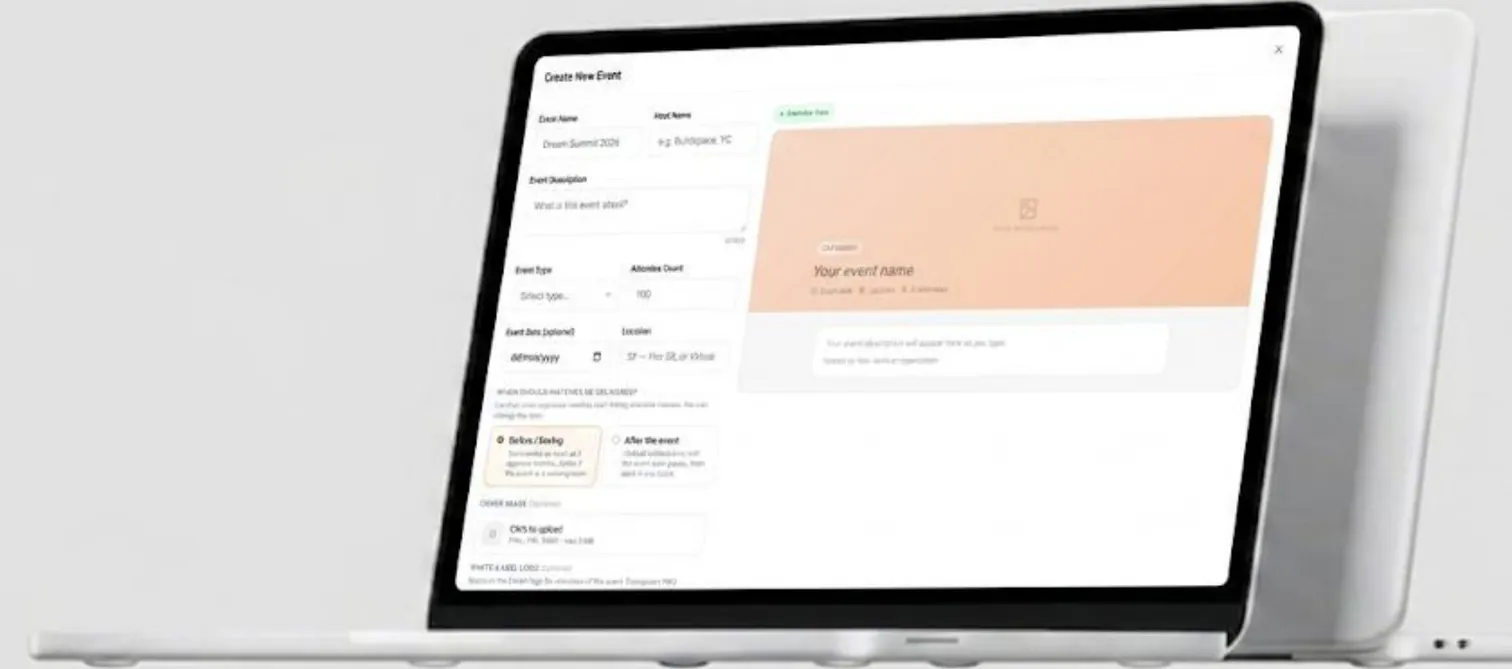 Create new event form with event card preview on a laptop