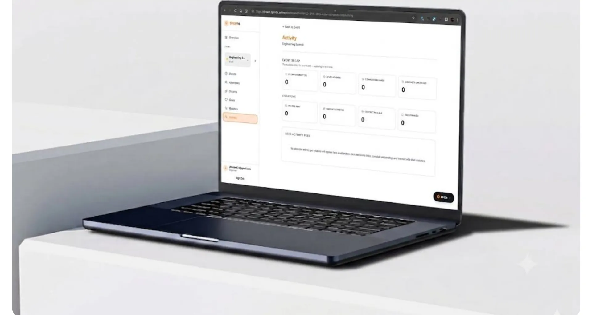 Event activity dashboard with engagement counters on a laptop