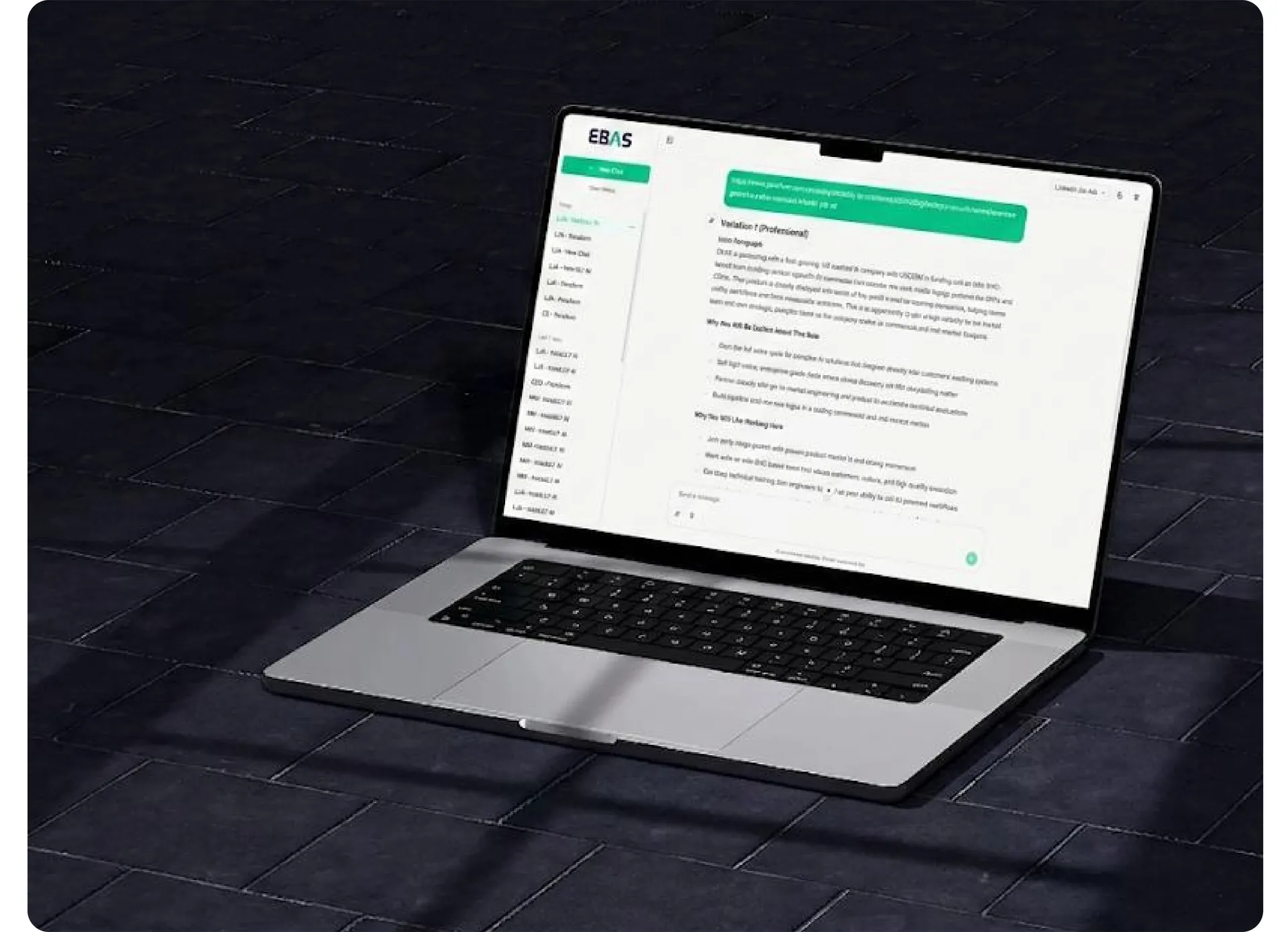 Laptop on a dark floor showing a generated recruiting document in a chat view