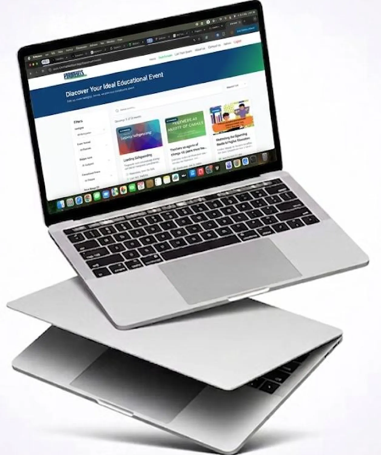 Laptop showing an event search page with filters and event cards