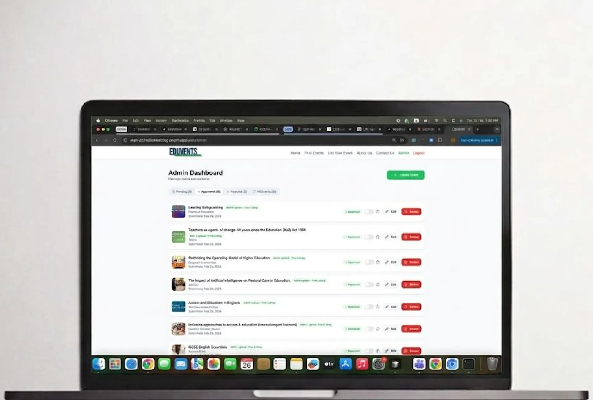 Laptop showing an admin dashboard listing events with approve and reject actions