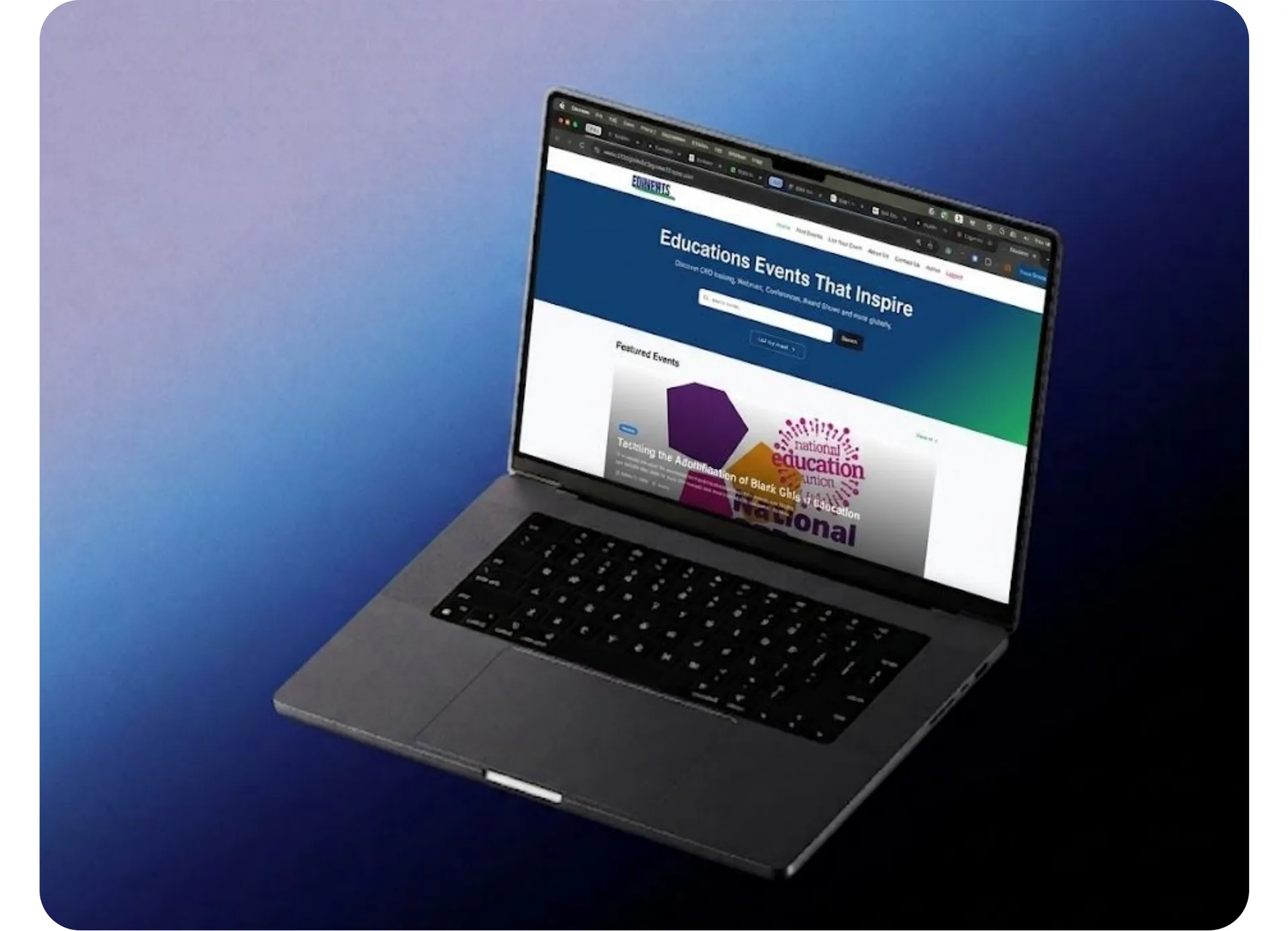 Laptop showing an education events homepage with a featured events carousel