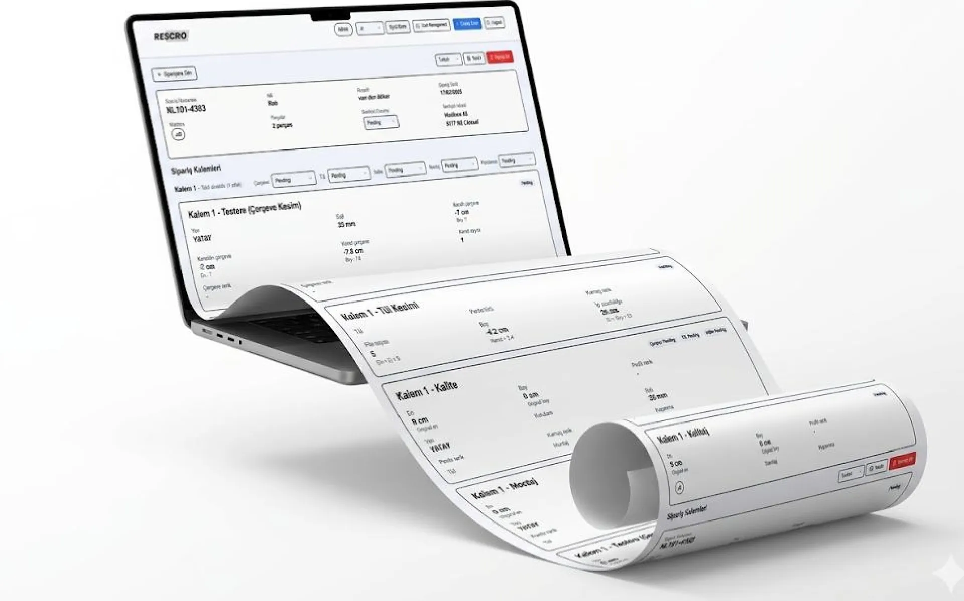 Laptop with a production order sheet unrolling from the screen like a paper scroll