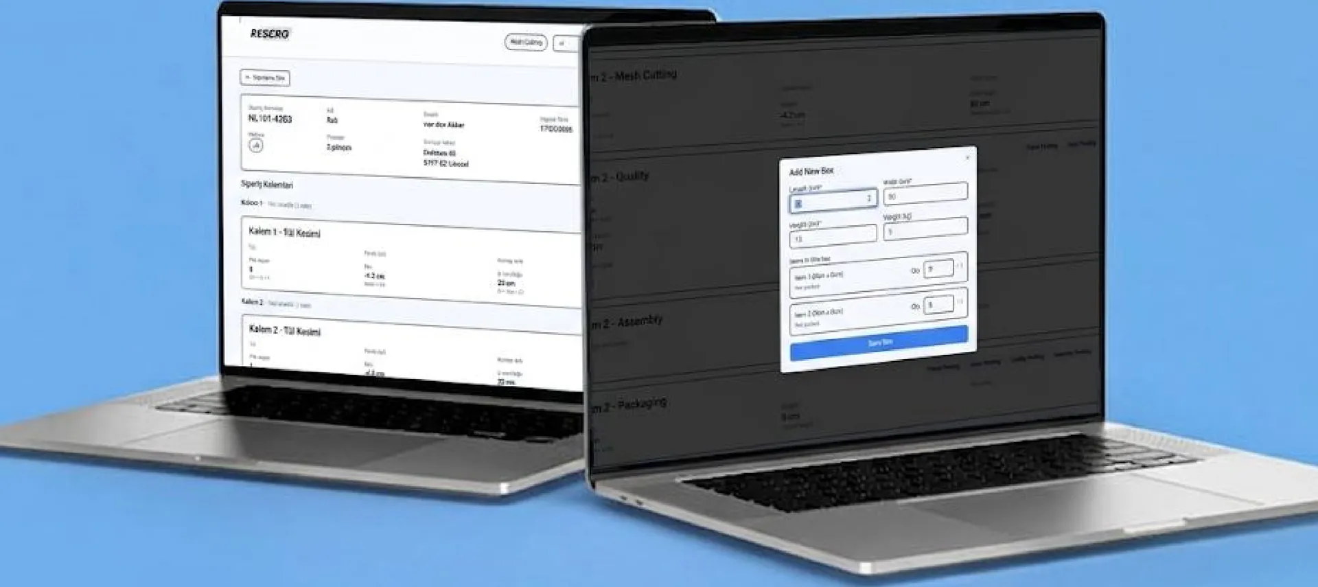 Two laptops showing order line items and an add-box packaging dialog