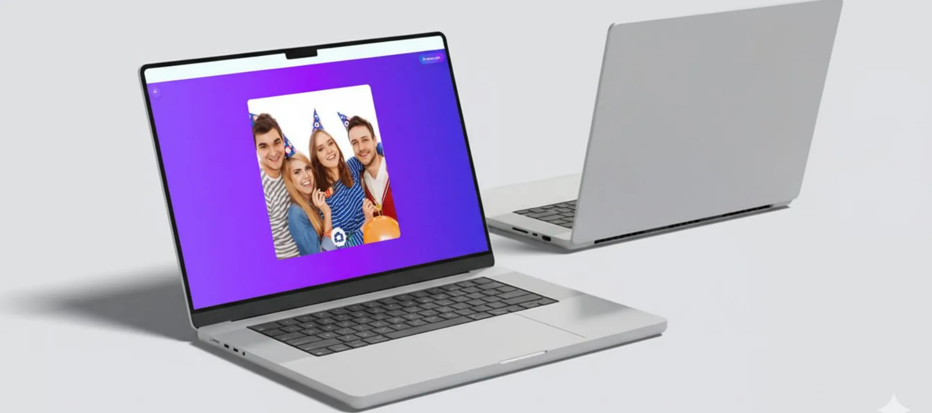Laptop showing a group party photo captured in the photo booth