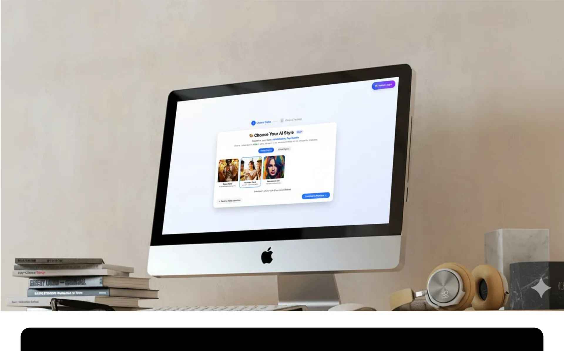 Desktop monitor showing an AI style selection step with sample portraits