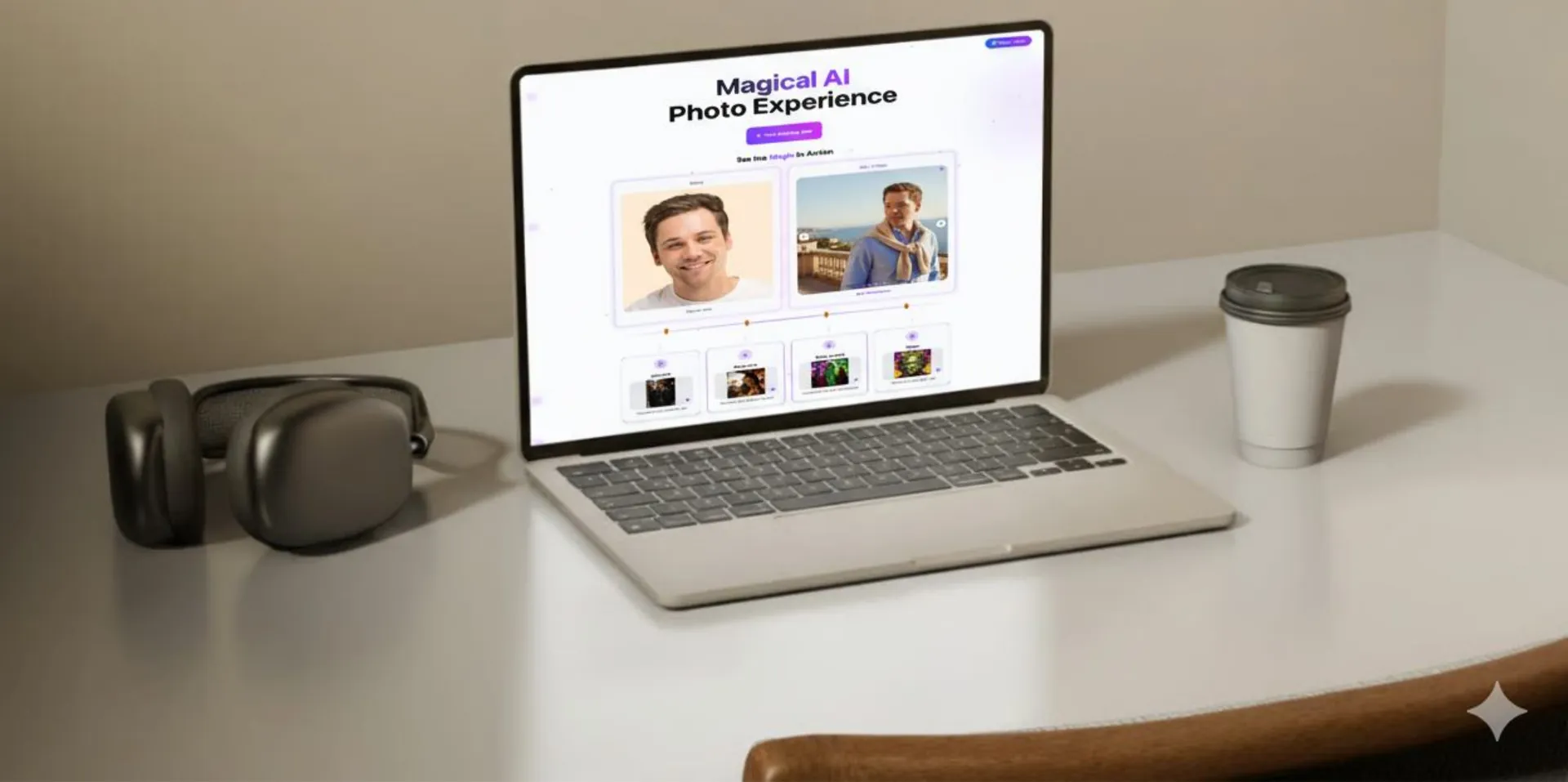 Laptop on a desk showing an AI photo experience landing page with before-and-after portraits