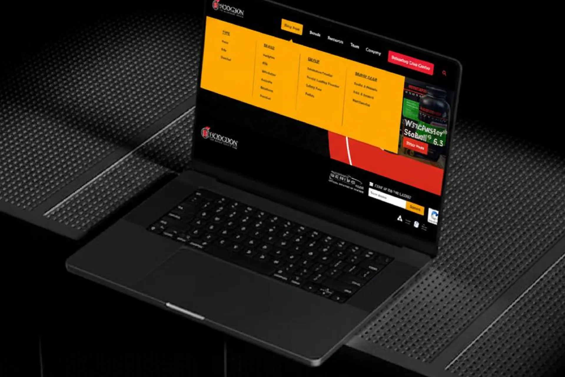Laptop showing a website with an open yellow navigation mega menu