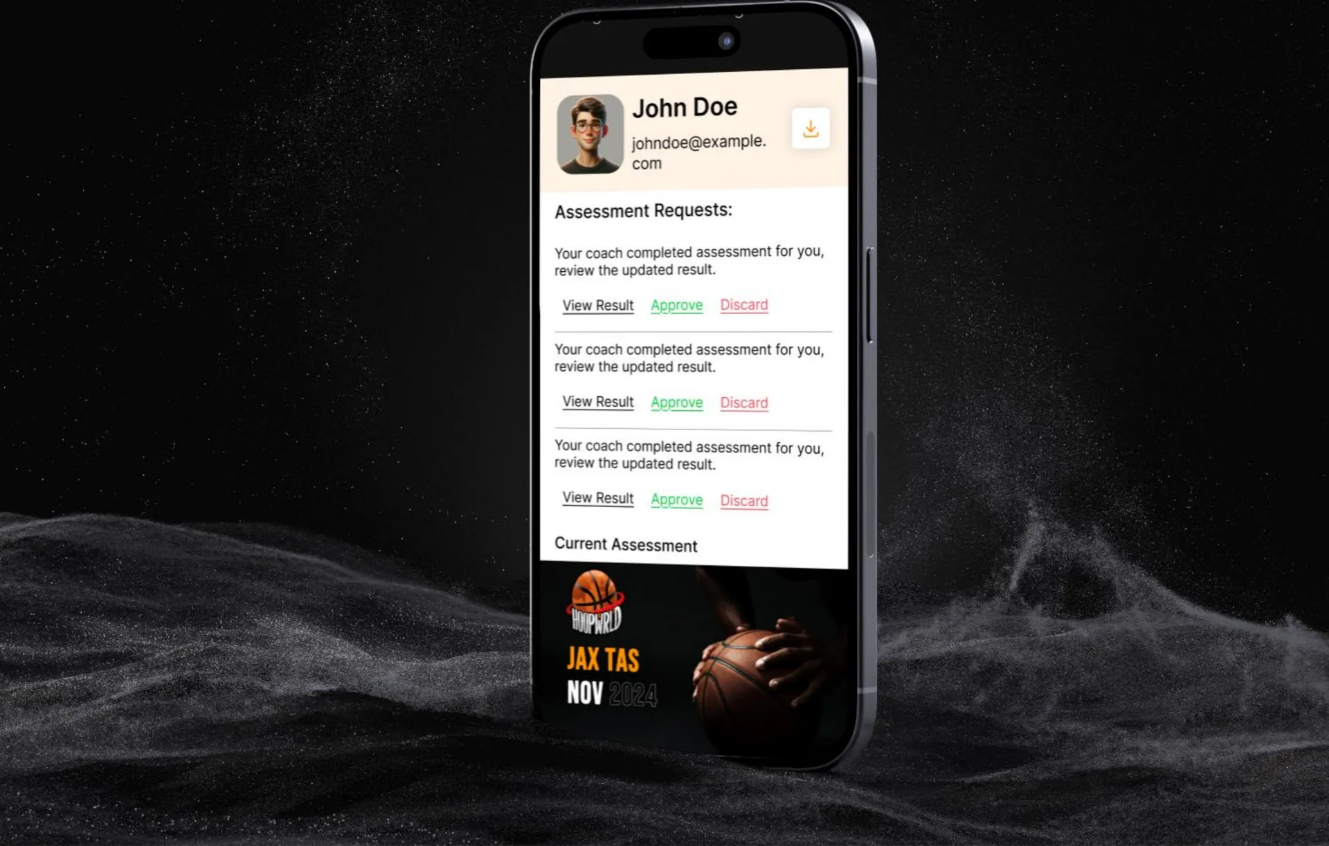 Phone on a dark textured backdrop showing a player profile with assessment requests