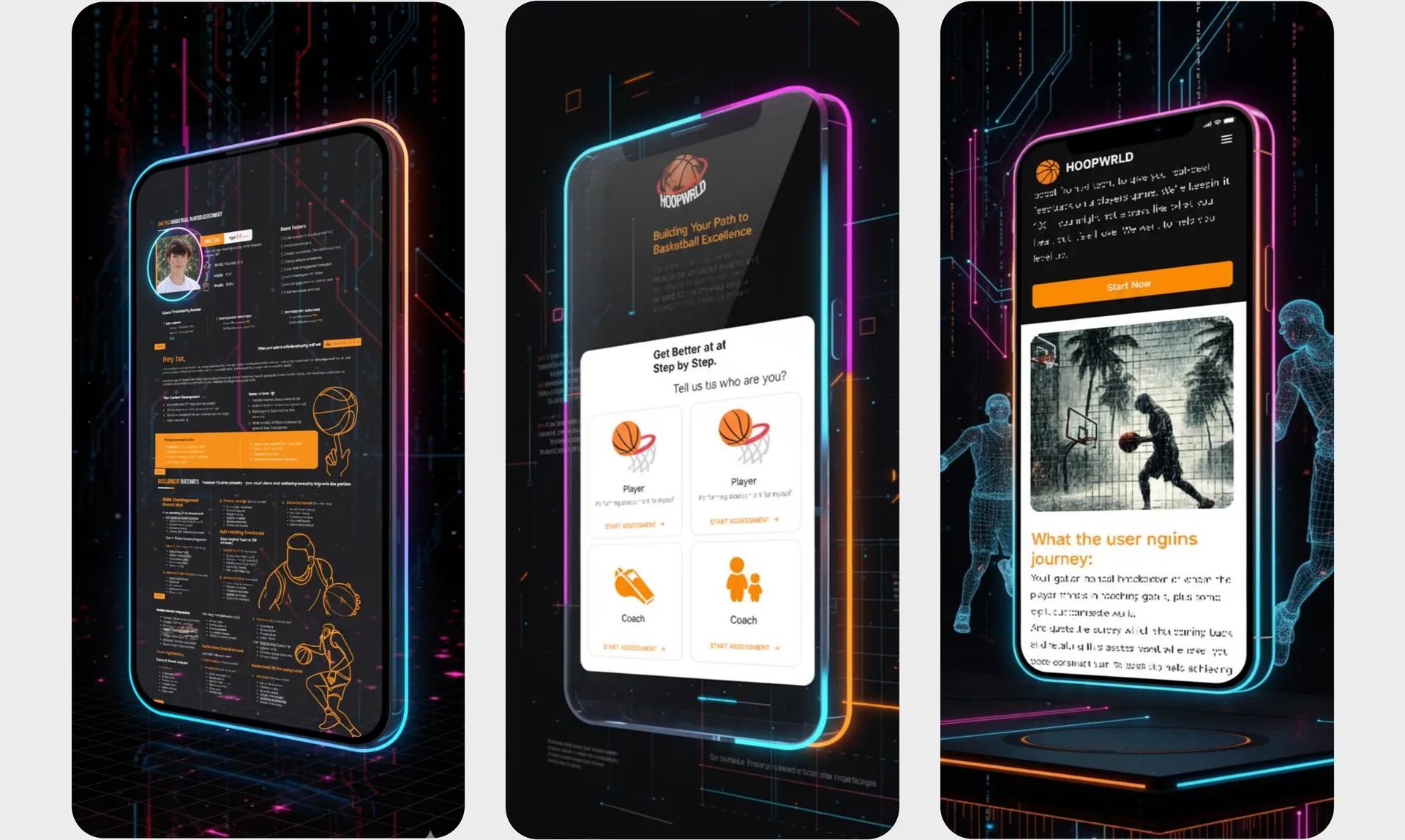 Three phones with neon outlines showing a player report, the role selection screen and the landing page