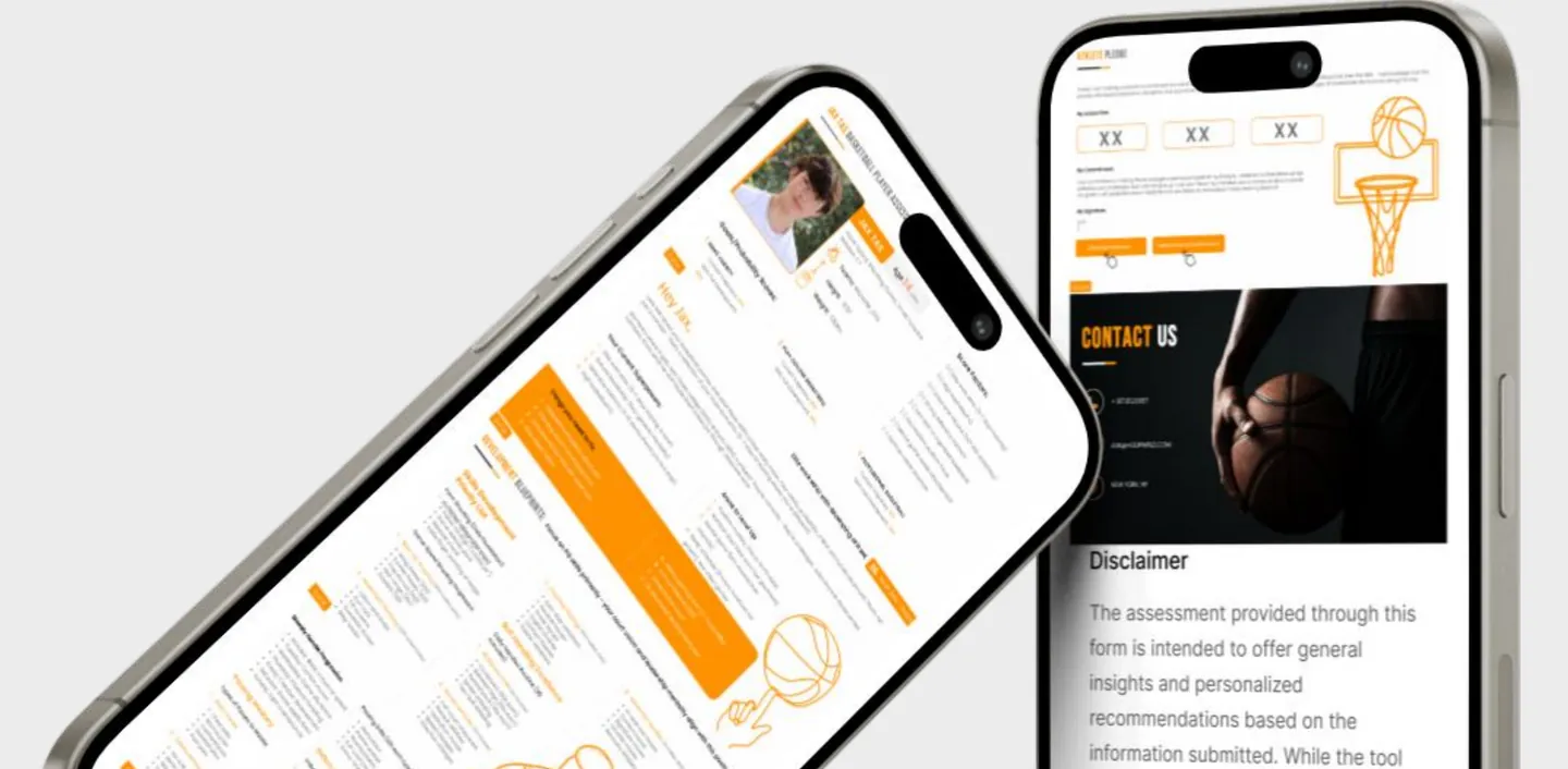 Two phones showing a detailed player report and the contact and disclaimer section