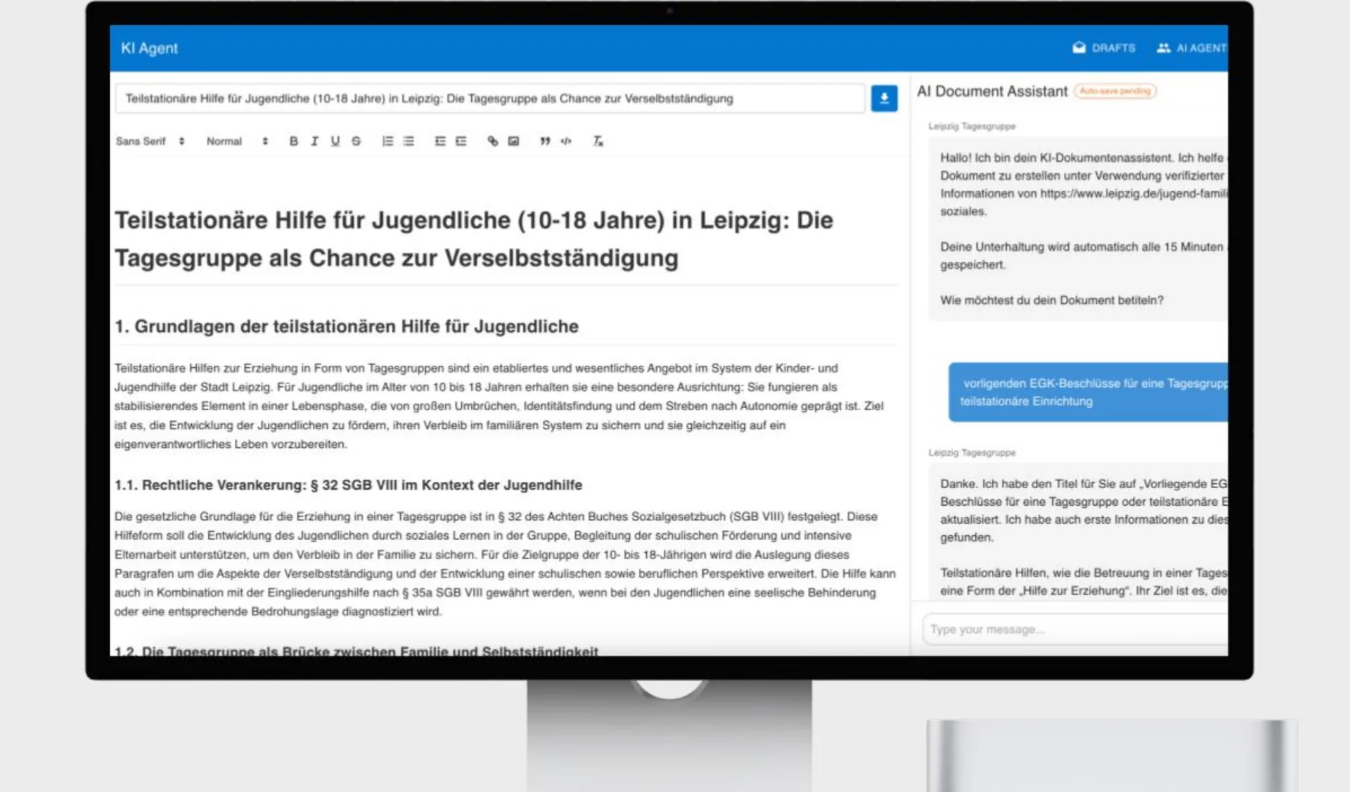 Desktop monitor showing a long-form report in the editor with an AI document assistant chat on the right