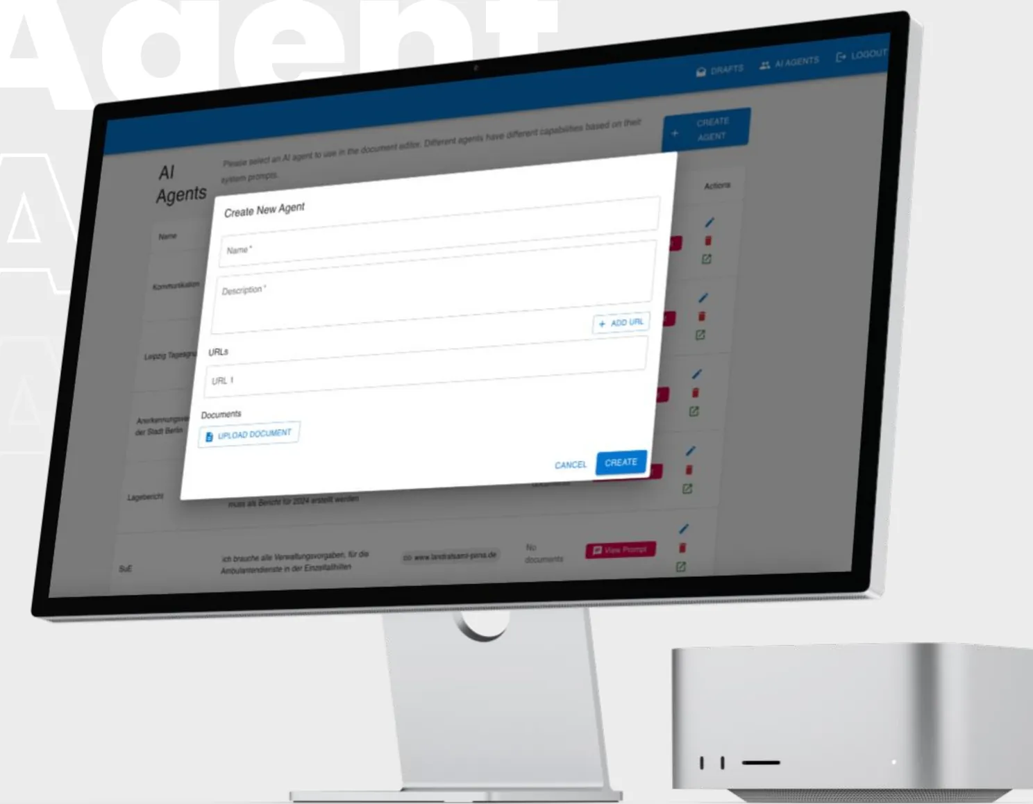 Desktop monitor showing the AI agents list with a create-new-agent dialog open
