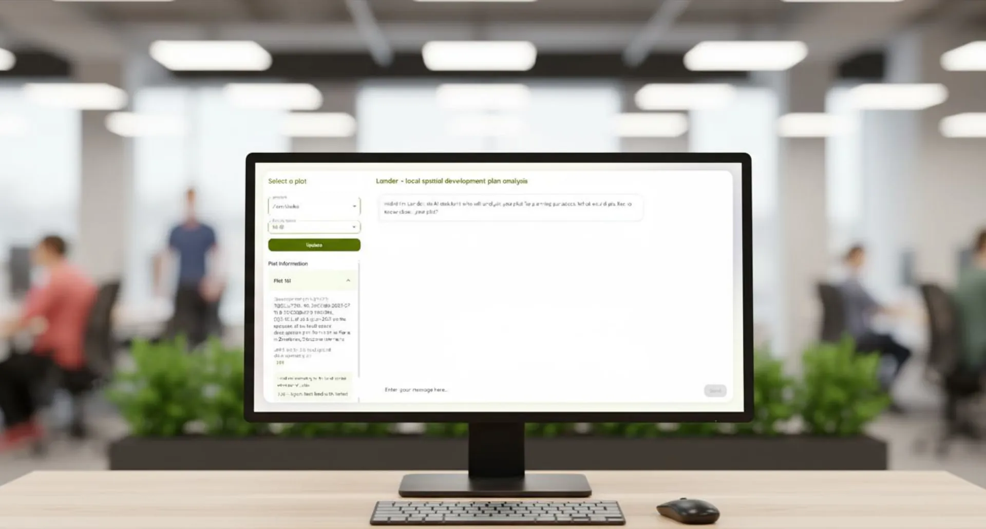 Desktop monitor in an office showing the plot selection panel and chat window