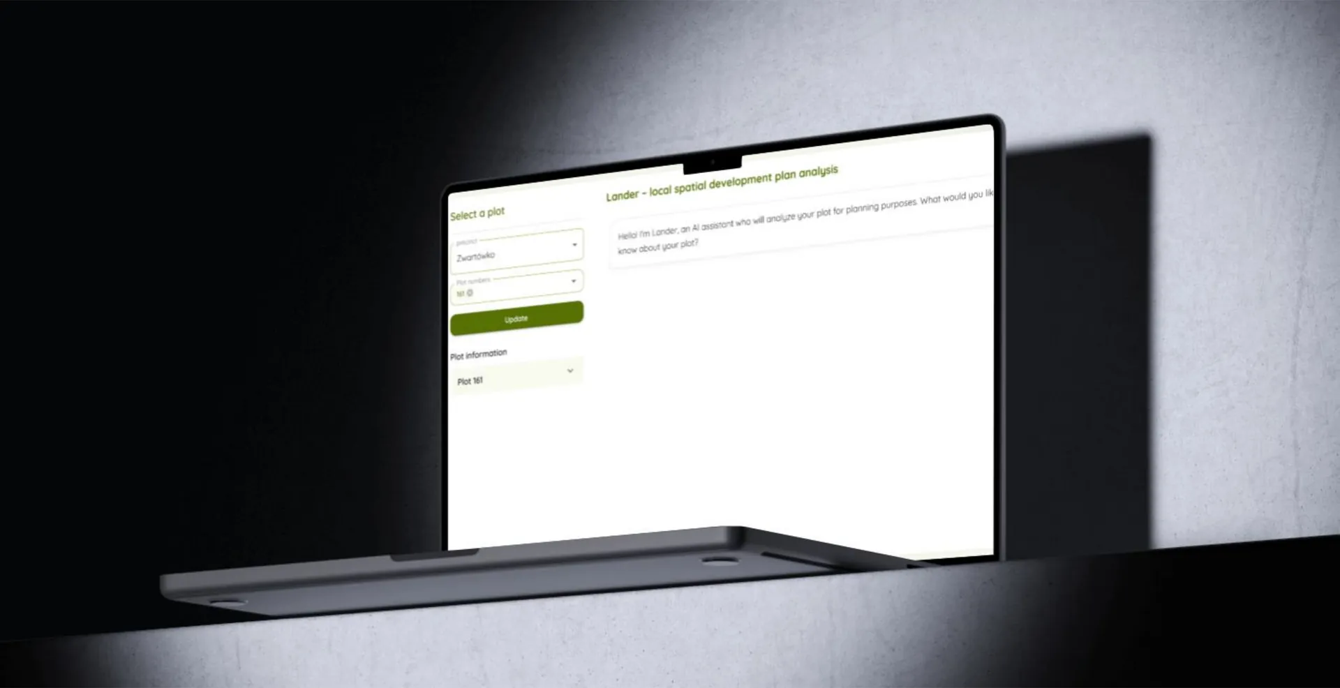 Laptop in dramatic light showing the plot selector and AI assistant chat