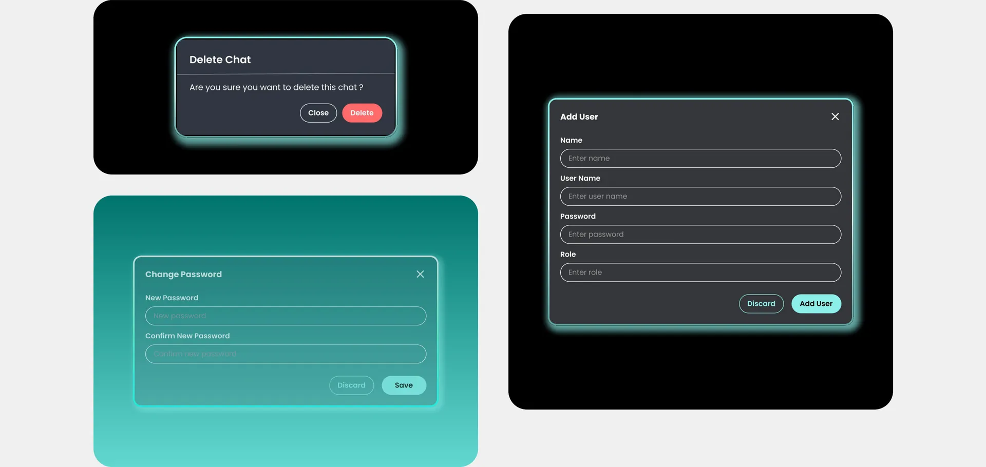 Admin modals for deleting a chat, changing a password and adding a user