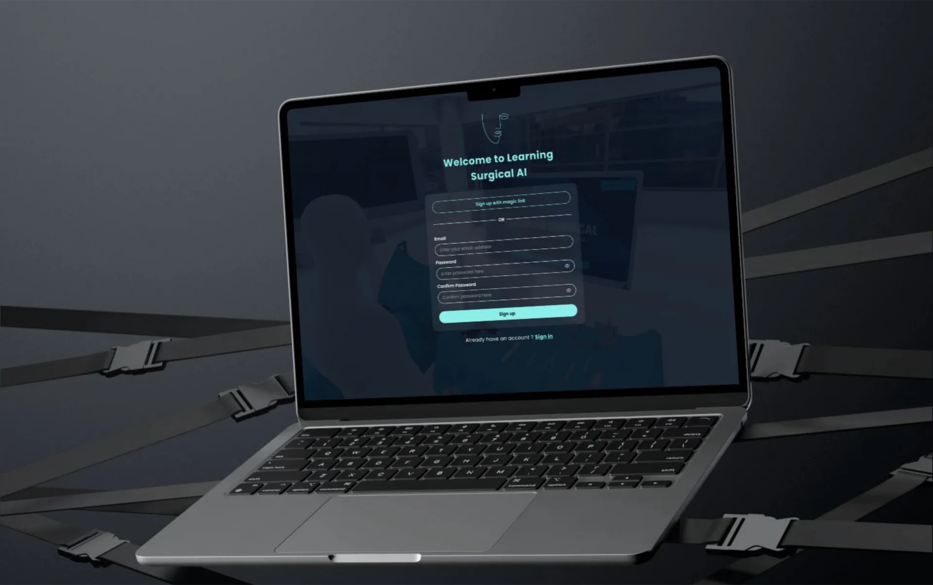 Laptop showing the AI assistant sign-up screen in a dark teal theme