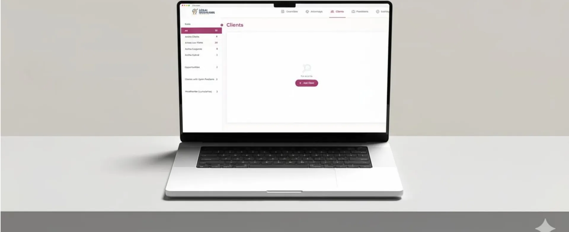 Laptop showing a clients page with a filter sidebar and an empty state
