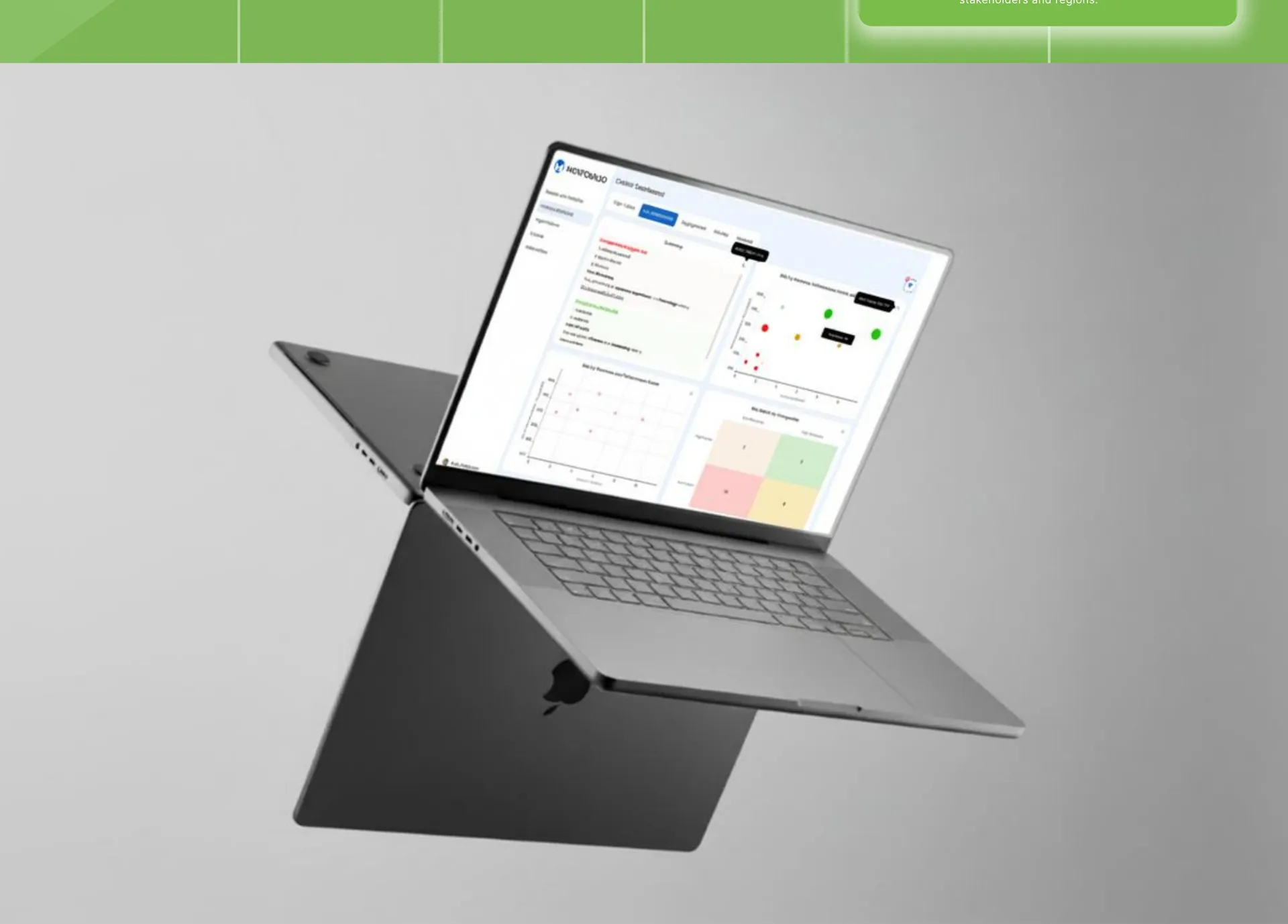 Floating laptop showing a cohort dashboard with scatter plot and risk quadrant charts