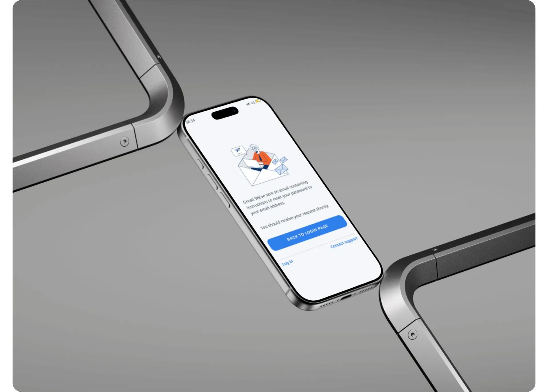 Phone showing a password reset confirmation screen between metal frames
