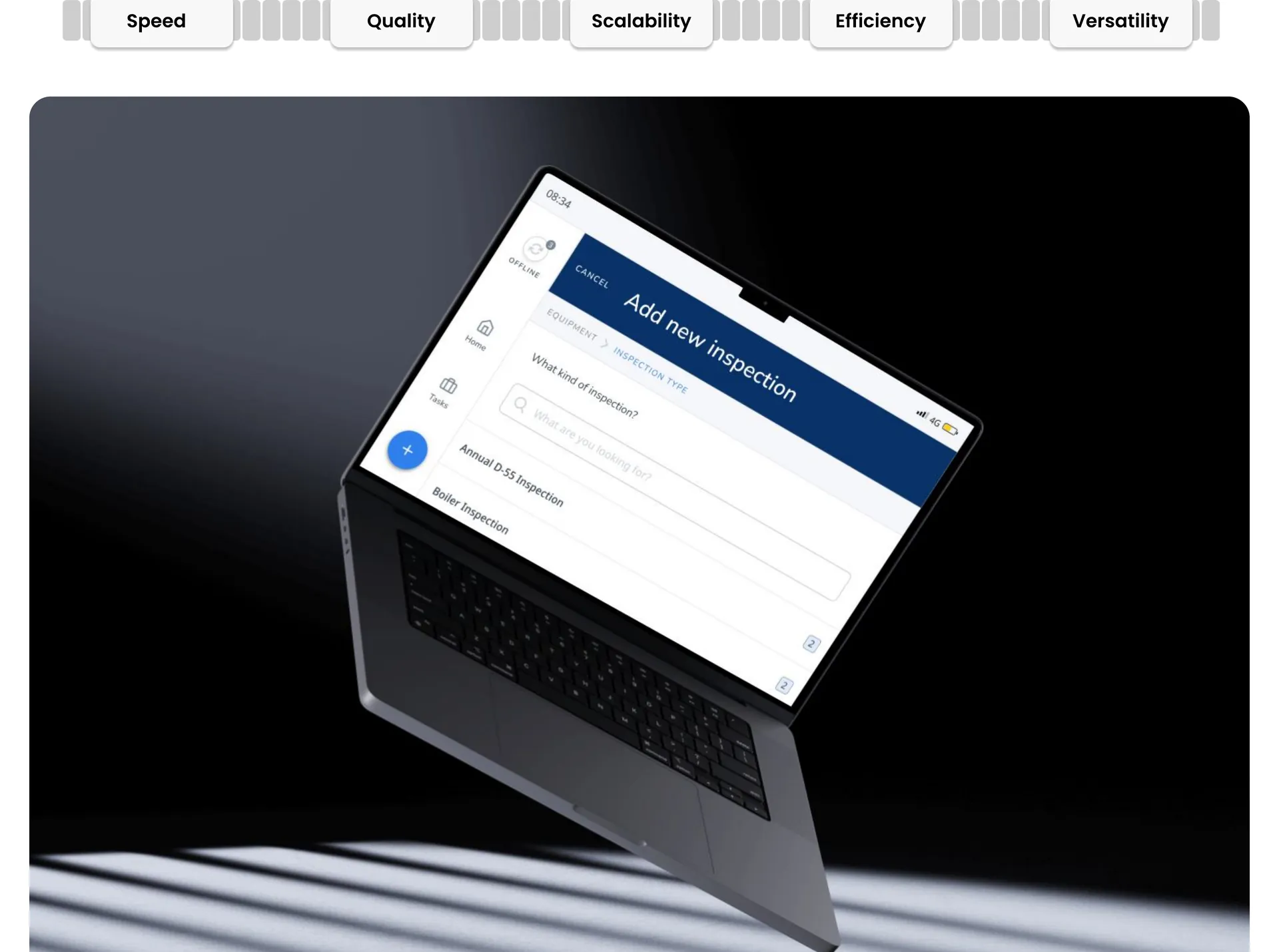 Tilted laptop showing an 'Add new inspection' form with inspection types