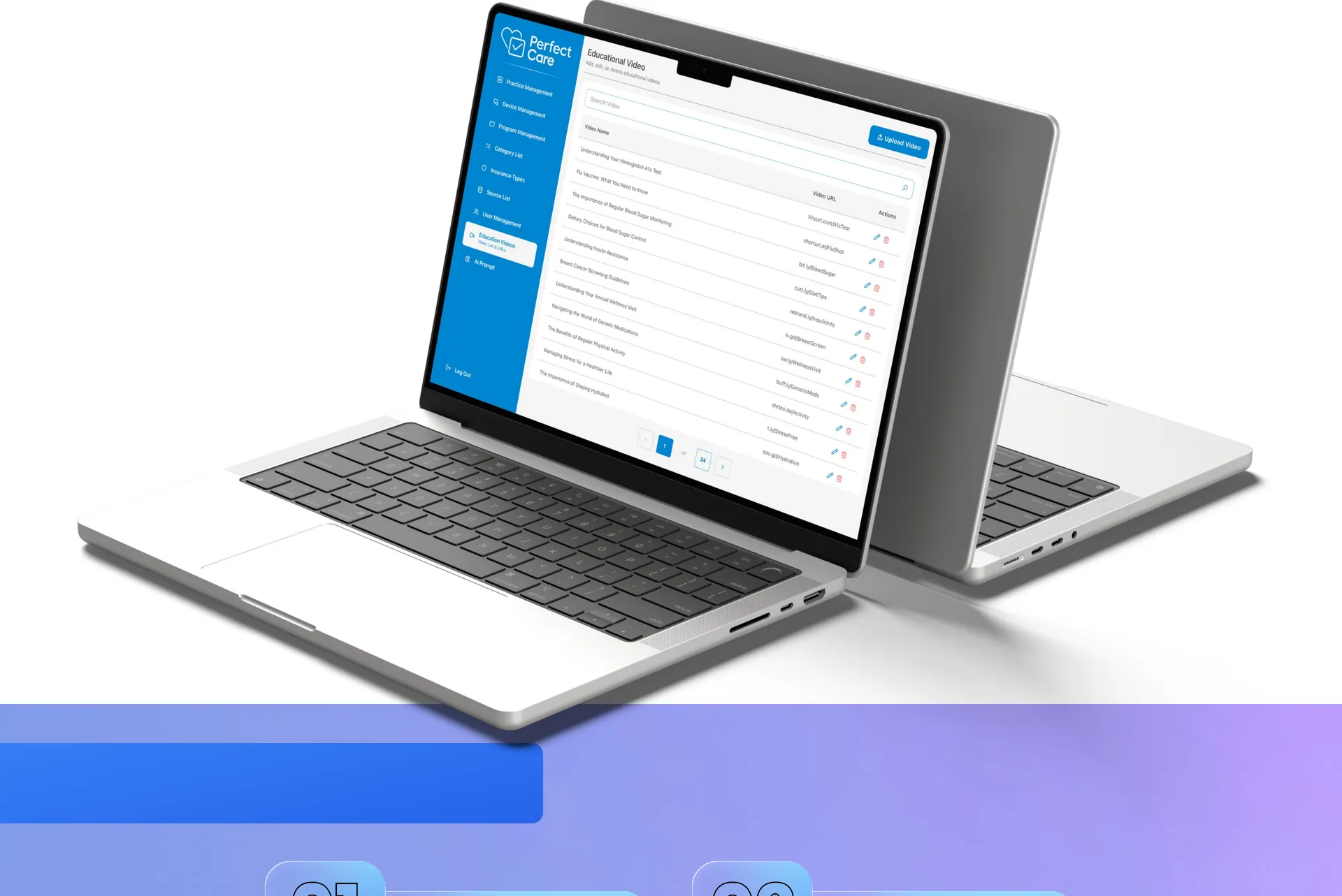 Two laptops, the front one showing an education videos list in the admin panel