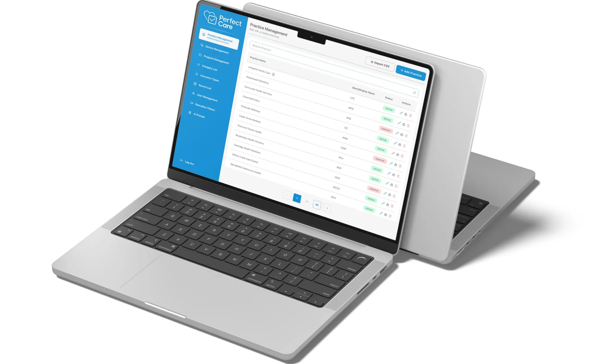 Laptop showing a practice management table with status badges