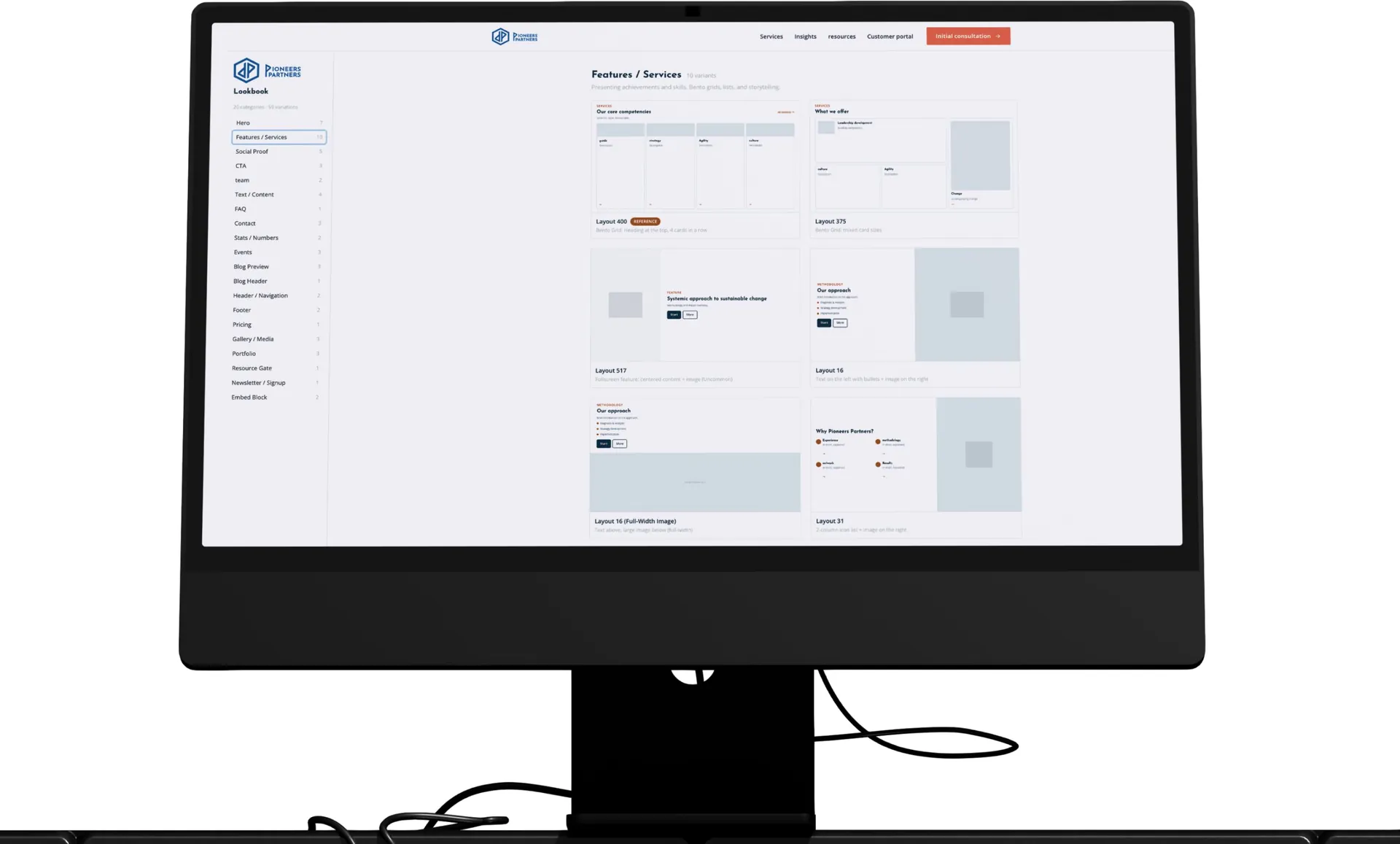 CMS lookbook of reusable page section layouts on a desktop monitor