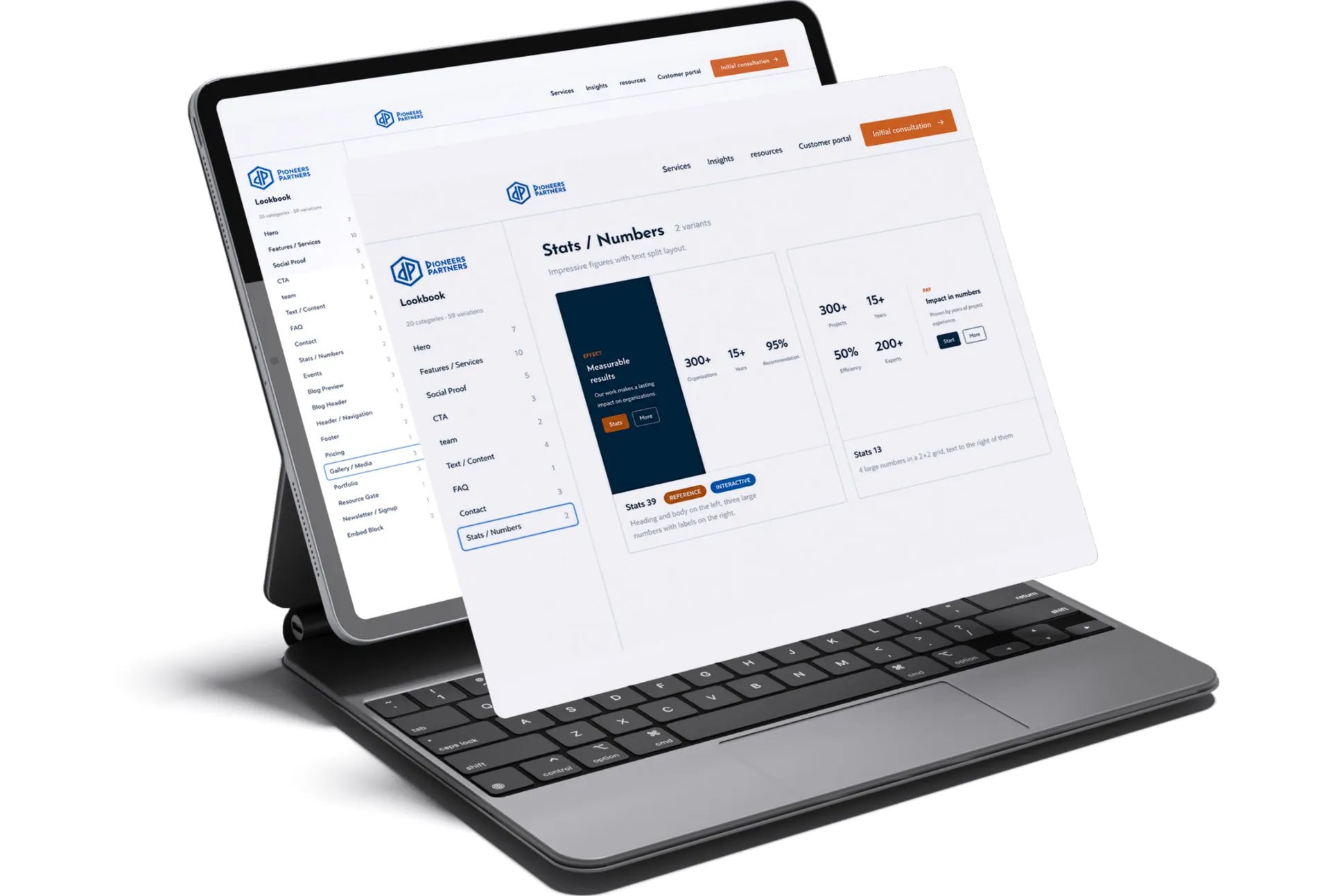 Stats and numbers section variants shown on a tablet with keyboard