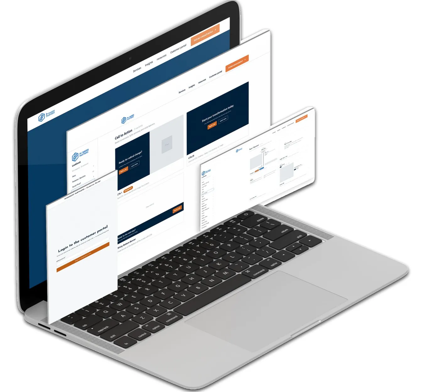 Layered website pages and customer portal login floating above a laptop