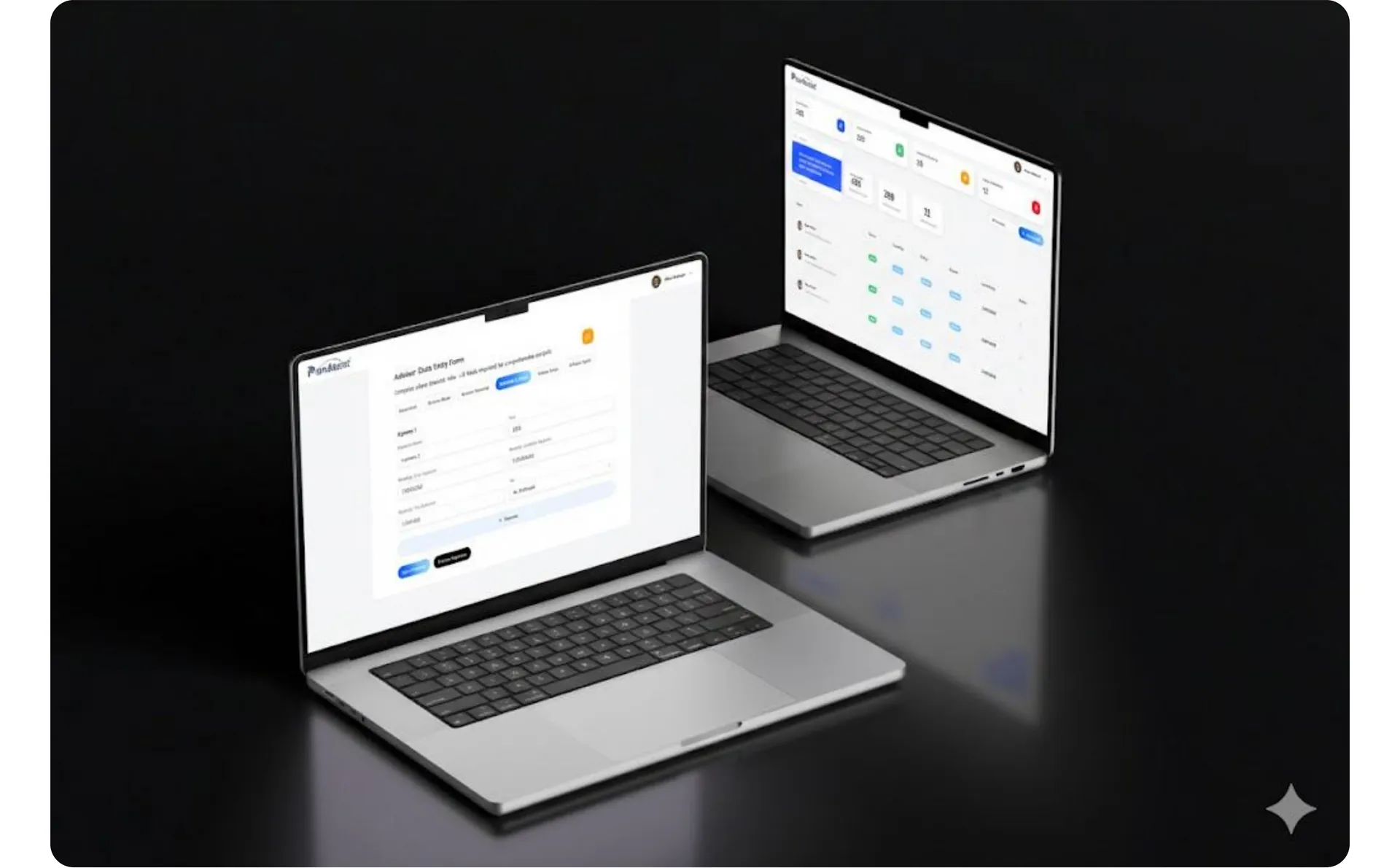 Two laptops on a dark surface showing an advisor data entry form and an admin overview