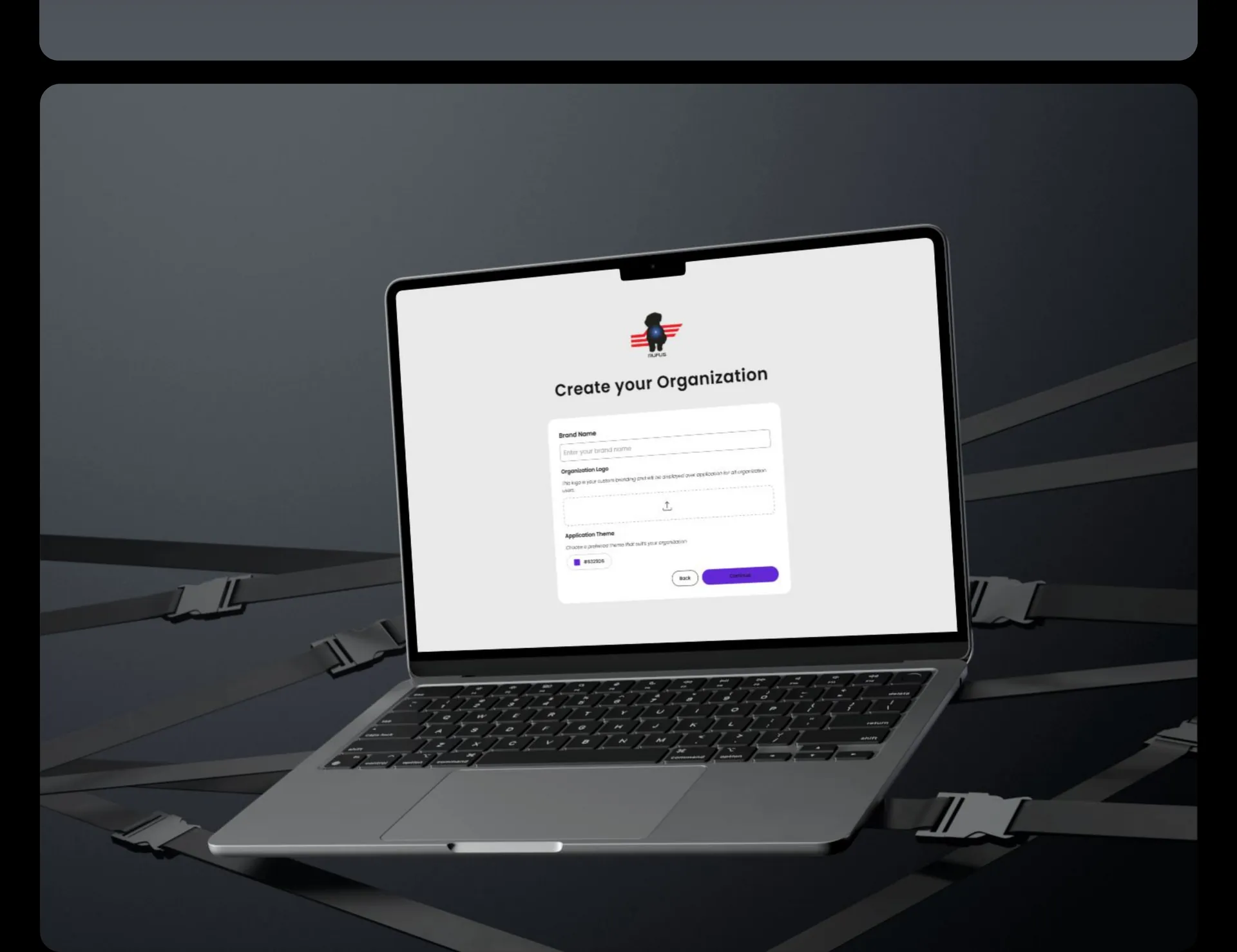 Laptop showing a 'Create your Organization' onboarding form