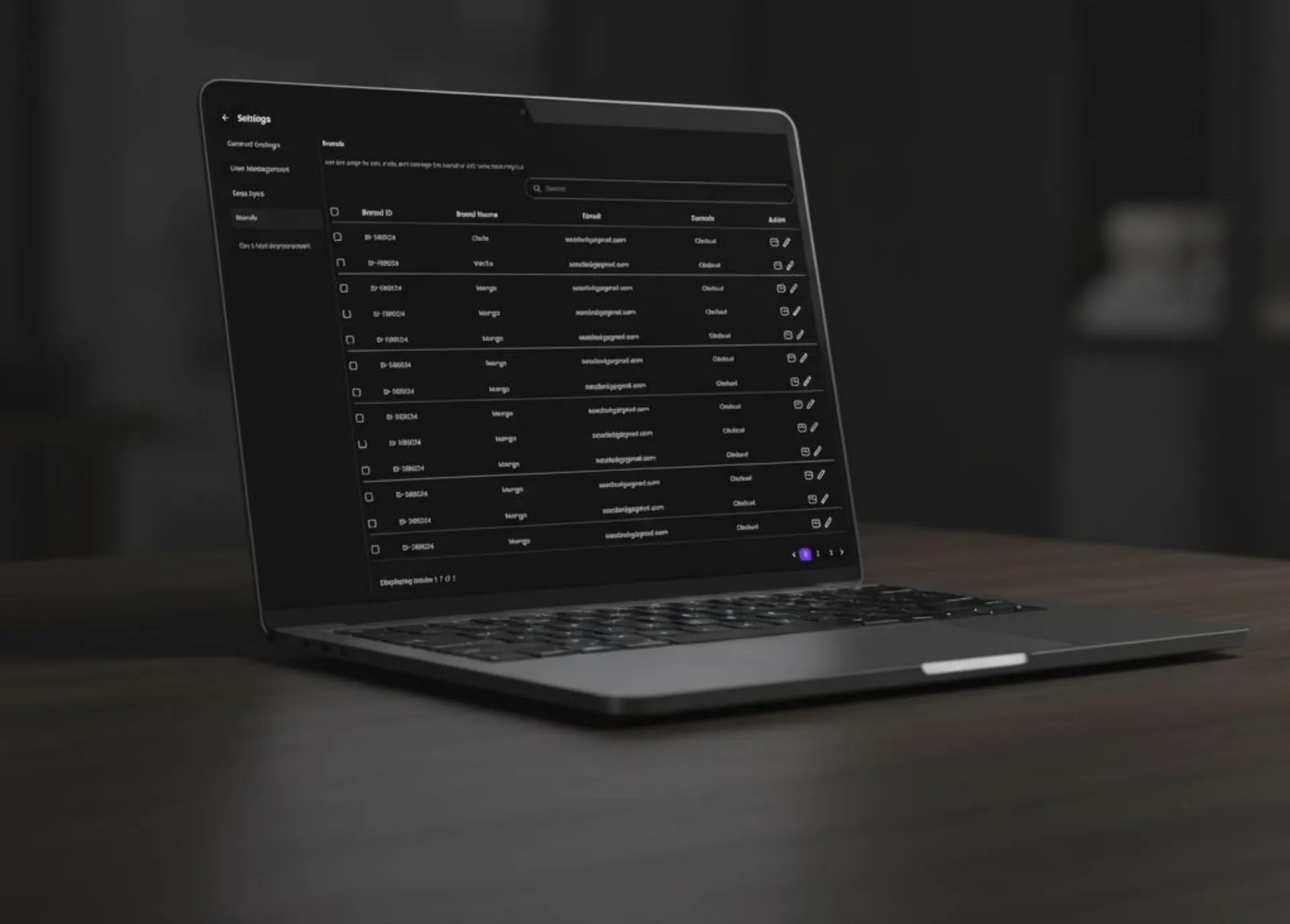 Laptop showing a settings screen with a table of brands
