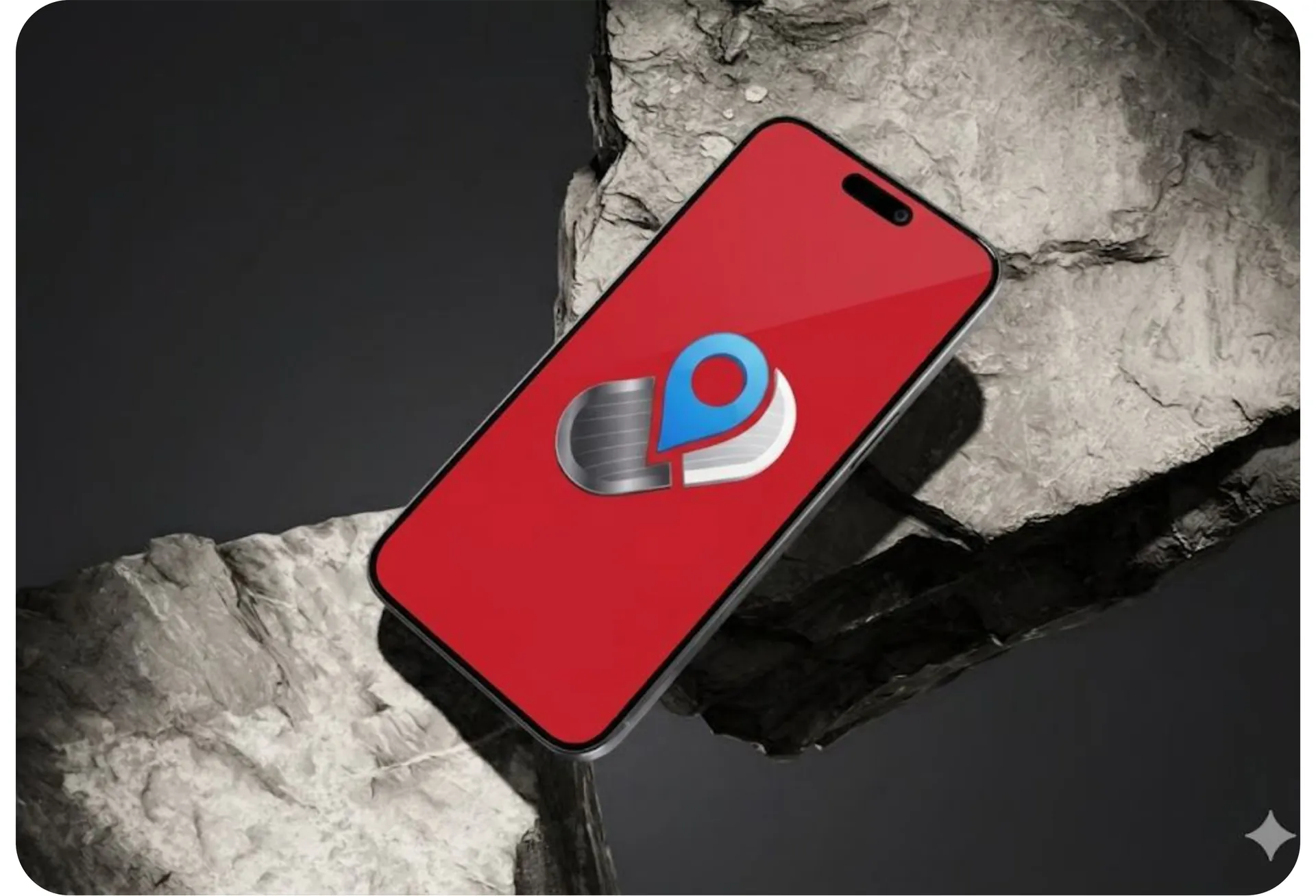Smartphone with a red screen showing a map-pin app icon, resting on rock