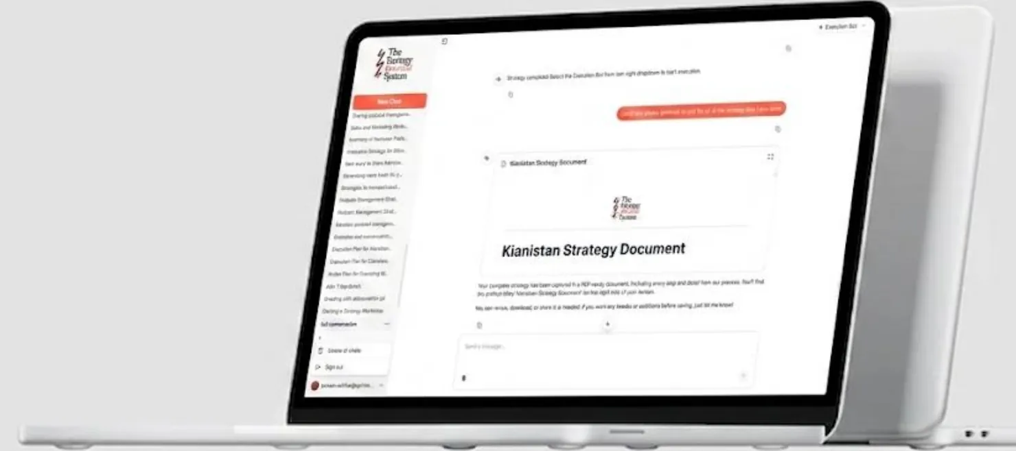 Laptop showing a chat that has generated a strategy document card
