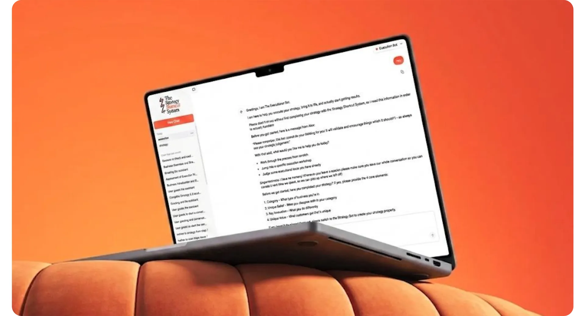 Laptop on an orange ottoman showing a coaching chat with a sidebar of conversations