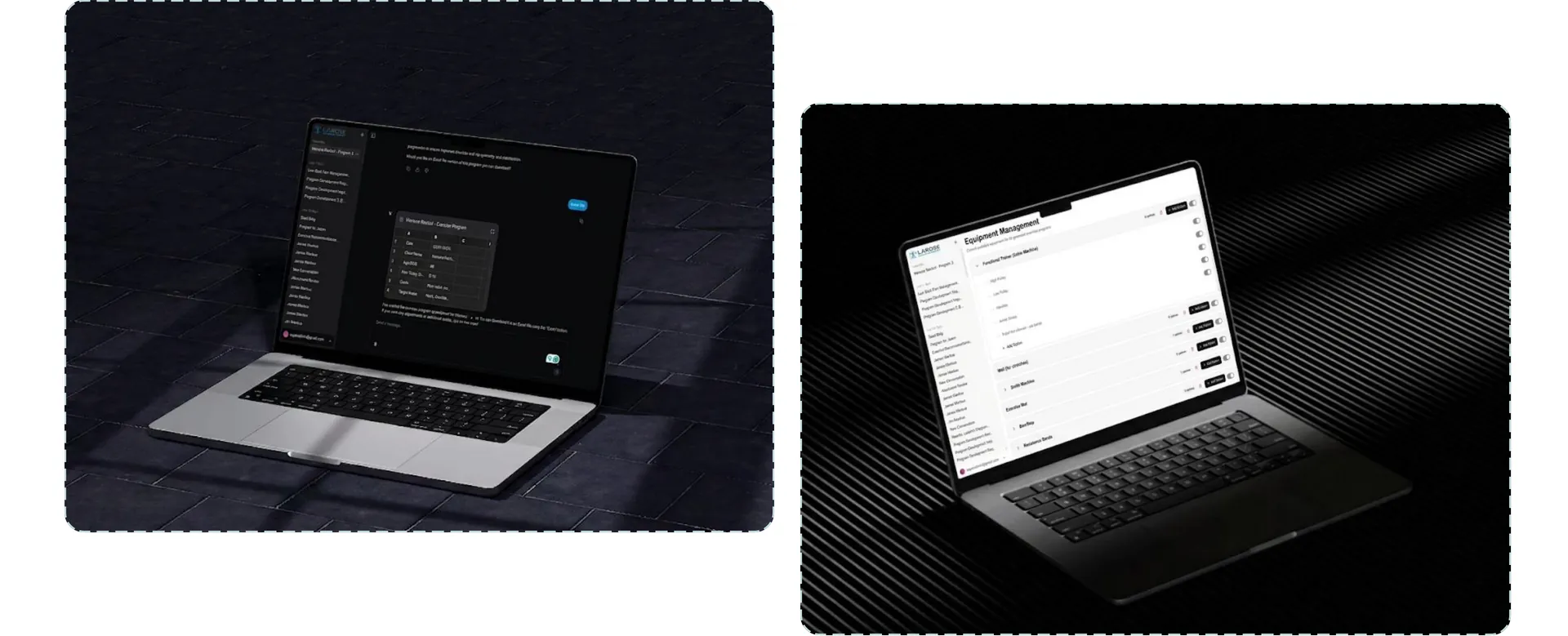 Two laptops showing a dark chat interface and an equipment management screen