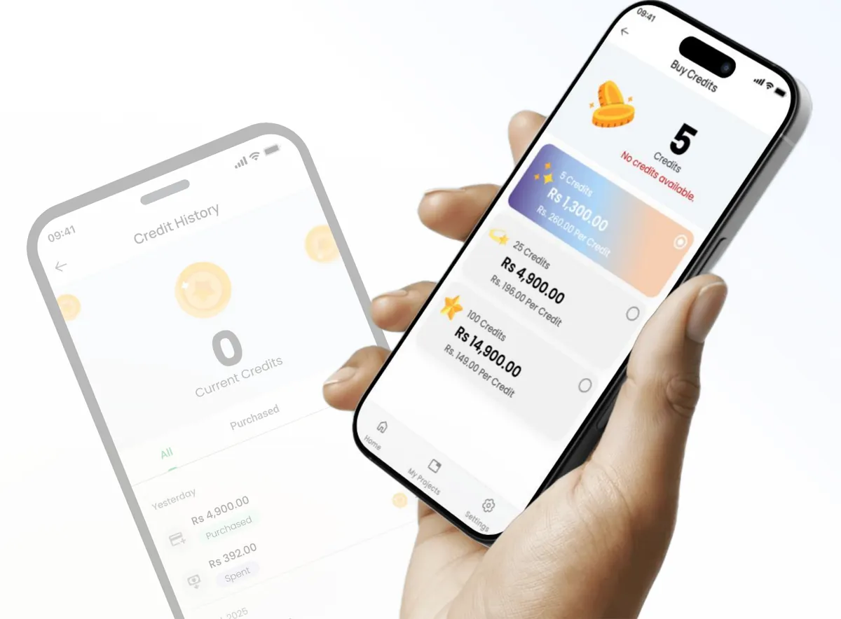 Hand holding a phone showing the buy-credits screen, with a credit history screen behind it