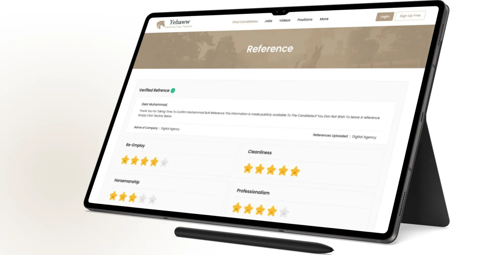 Tablet showing a candidate reference page with star ratings