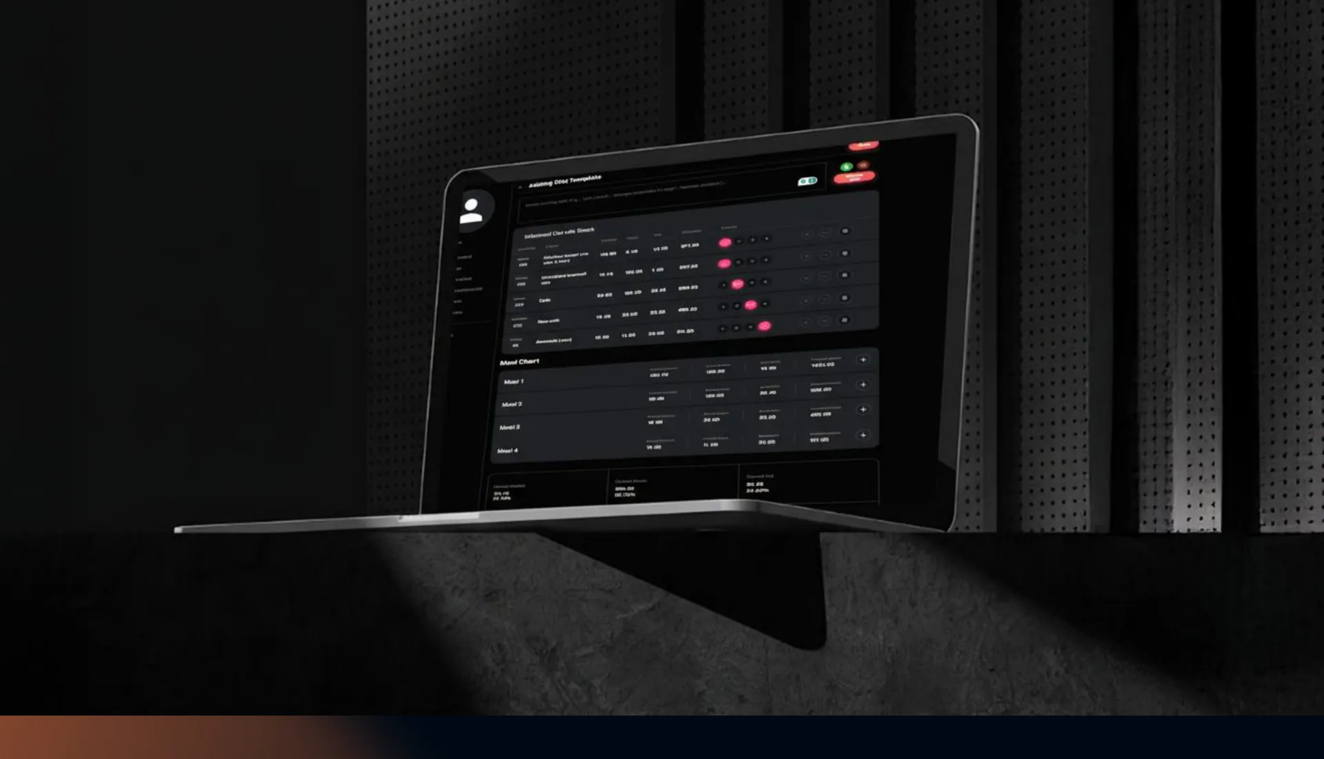 Laptop on a dark shelf showing a meal plan builder with daily meal totals