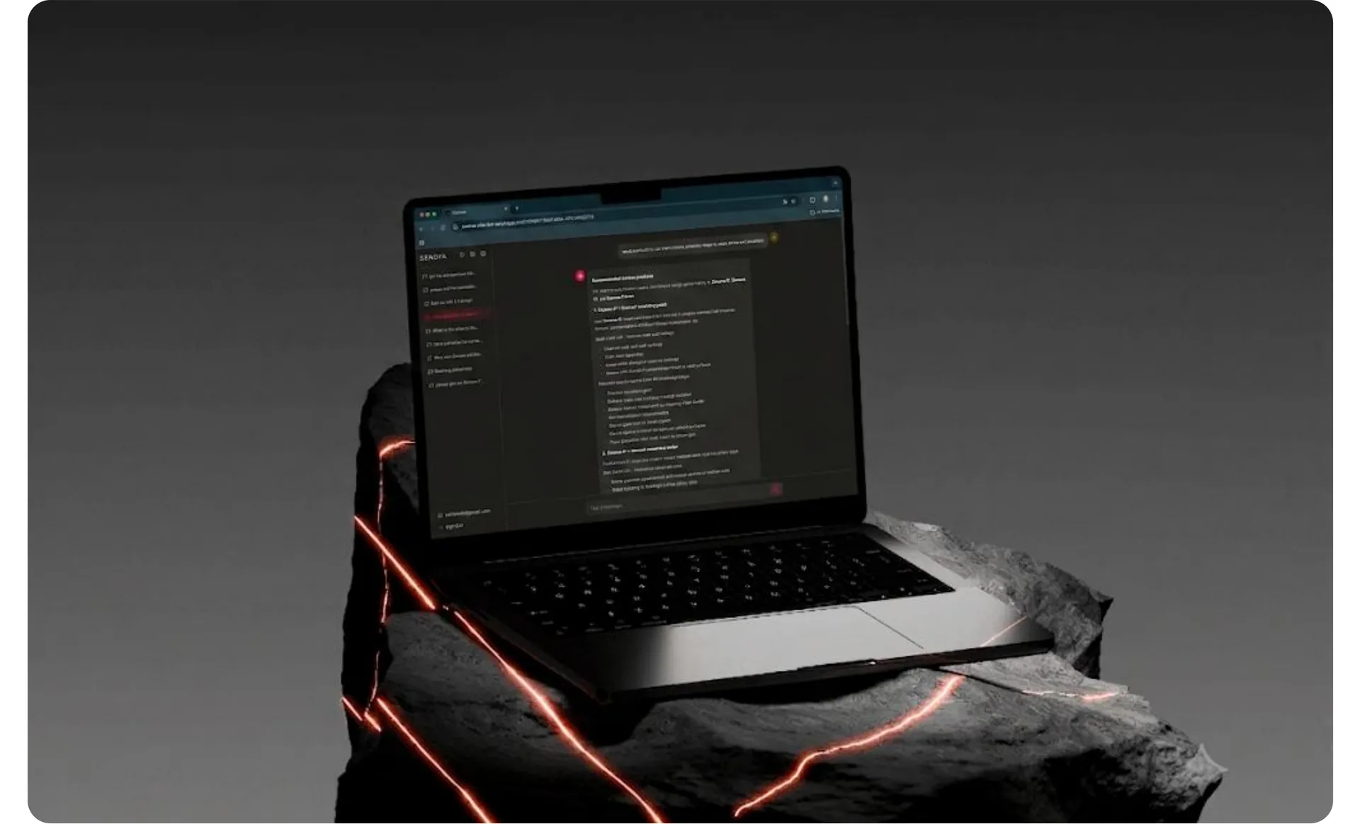 Chat answer listing recommended products on a laptop resting on a rock