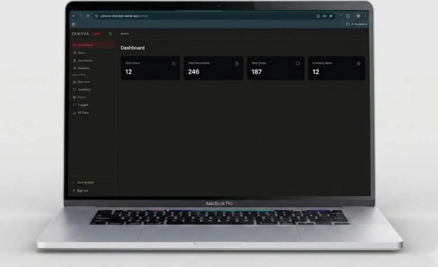 Admin dashboard with totals for users, documents and chats on a laptop