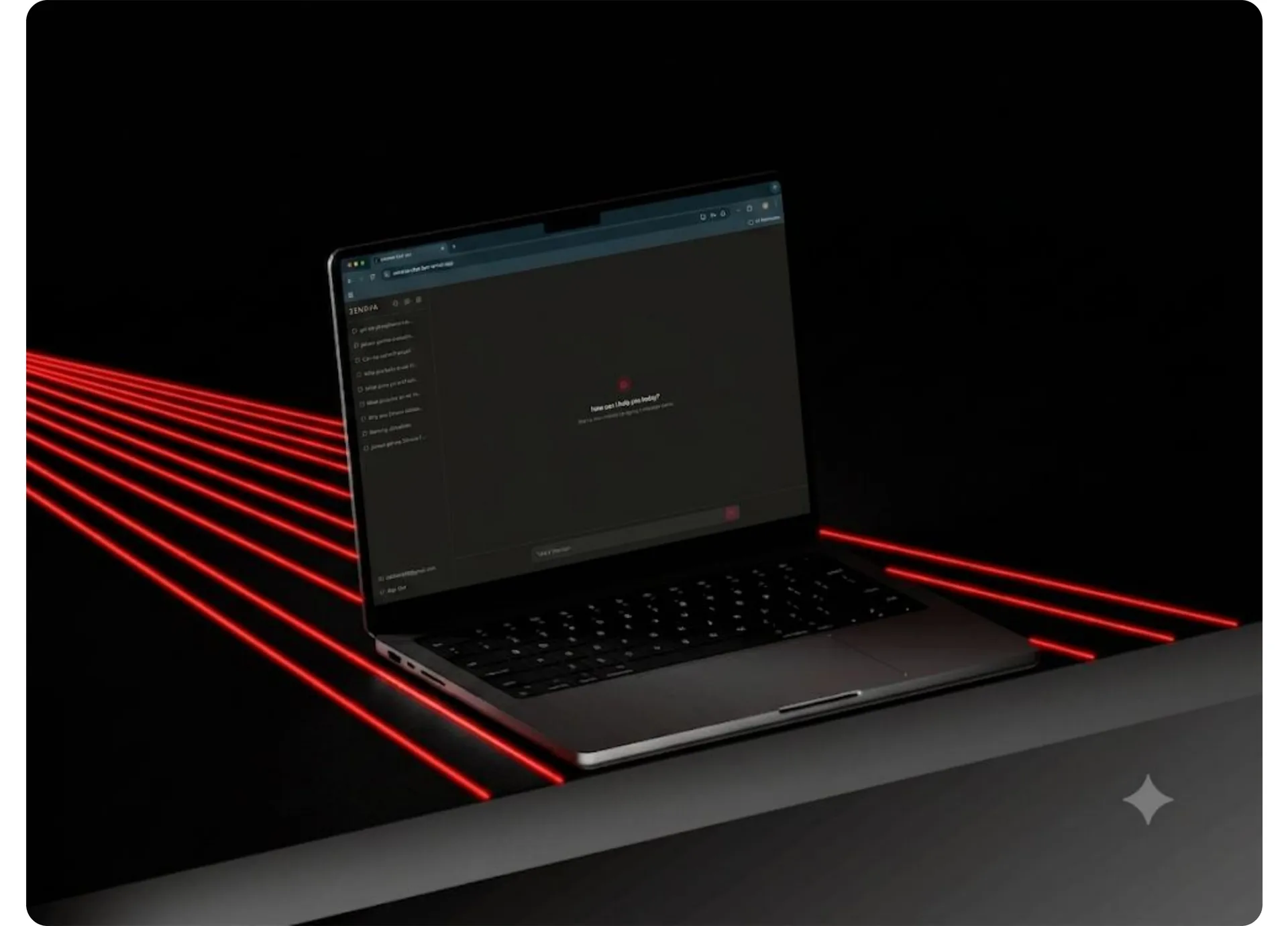 Dark chatbot interface on a laptop with red light beams in the background